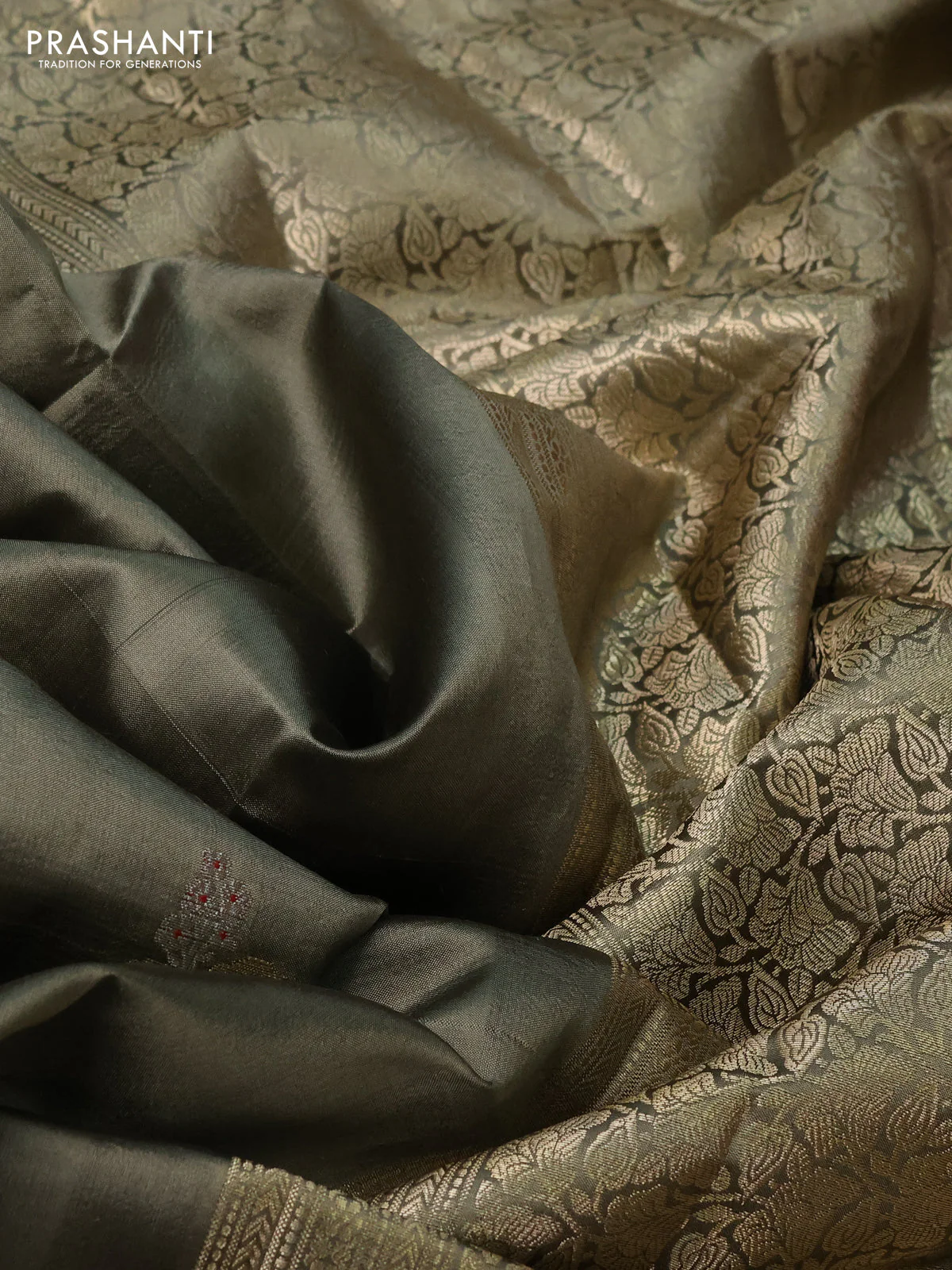 Poona silk saree olive green with zari woven buttas and floral zari woven border - Image 3