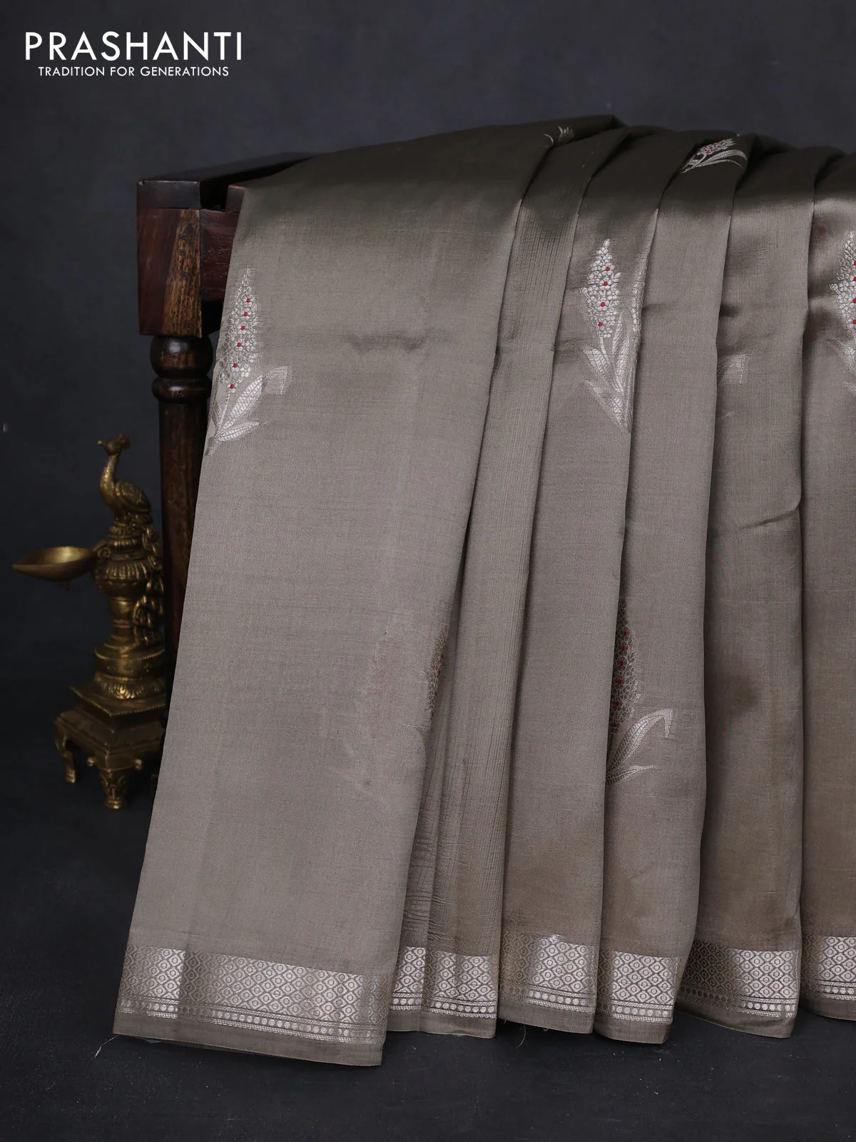 Poona silk saree olive green with zari woven buttas and zari woven border