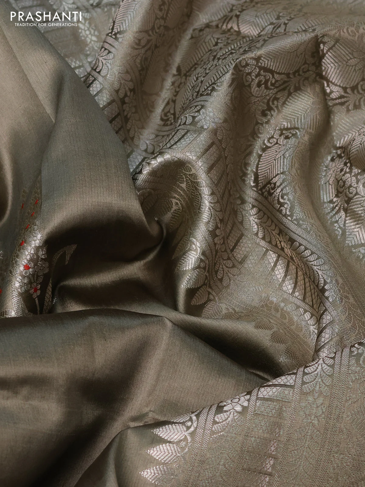 Poona silk saree olive green with zari woven buttas and zari woven border - Image 3