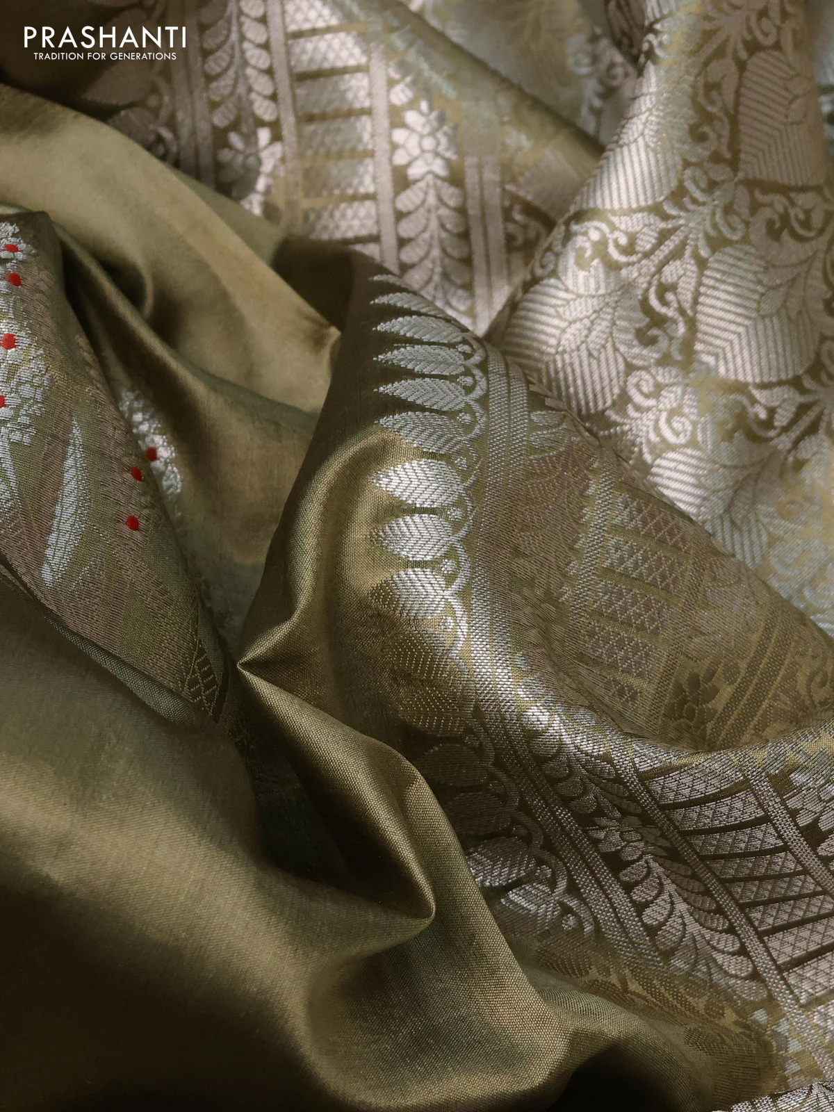 Poona silk saree olive green with zari woven buttas and zari woven border - Image 3