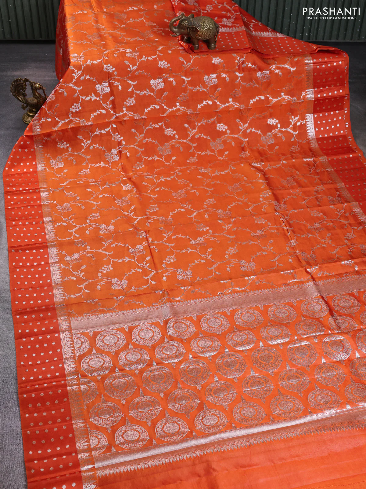 Poona silk saree orange with allover silver zari weaves and silver zari woven butta border - Image 2
