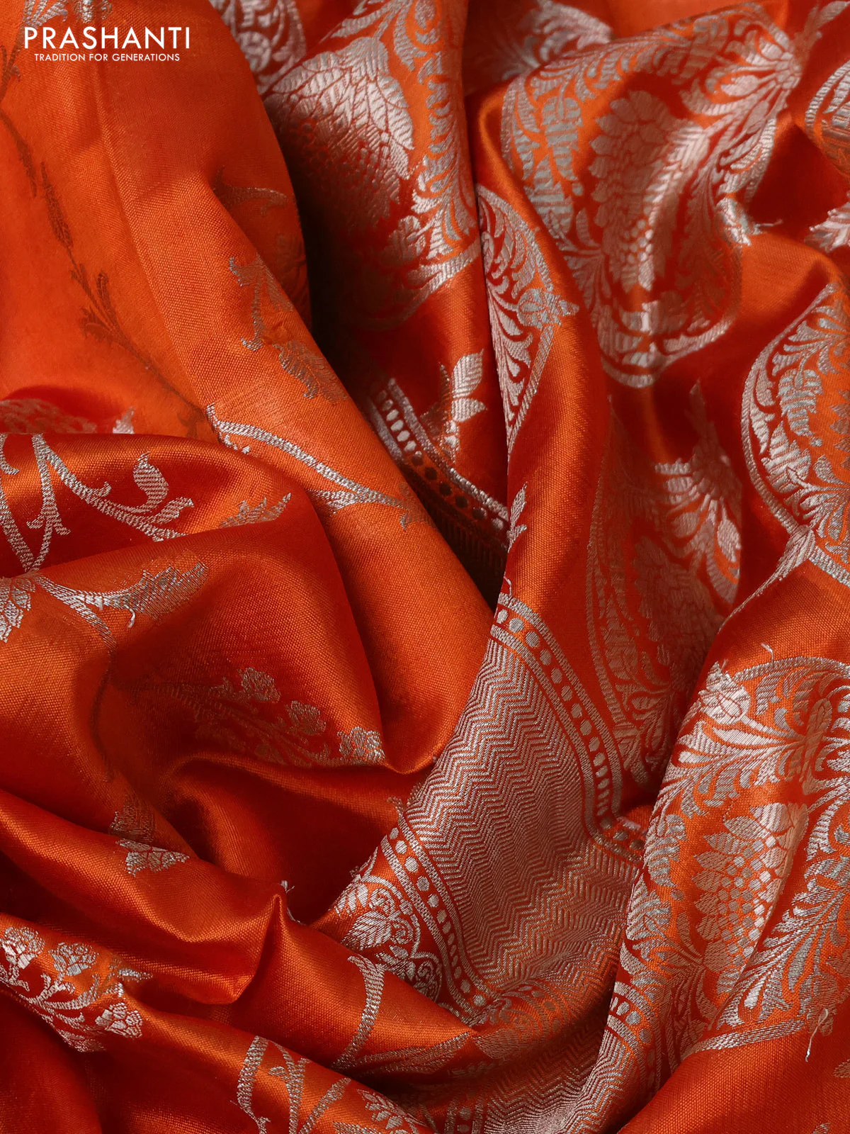 Poona silk saree orange with allover silver zari weaves and silver zari woven butta border - Image 3