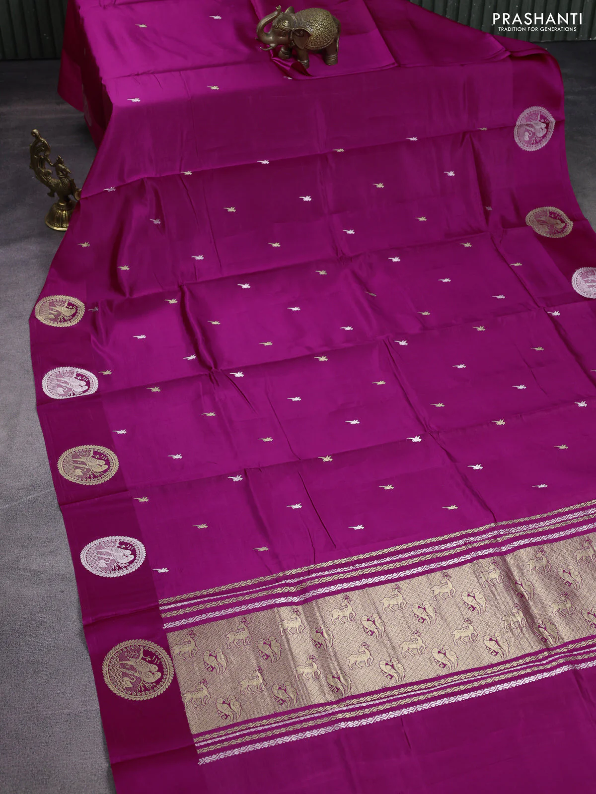 Poona silk saree pink with silver & gold zari buttas and satin border - Image 2