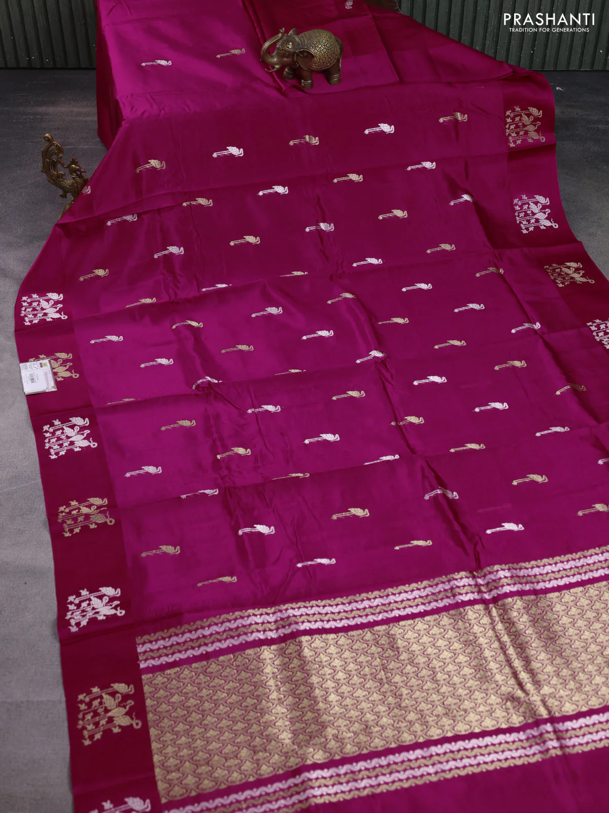 Poona silk saree pink with silver & gold zari woven buttas and satin border - Image 2