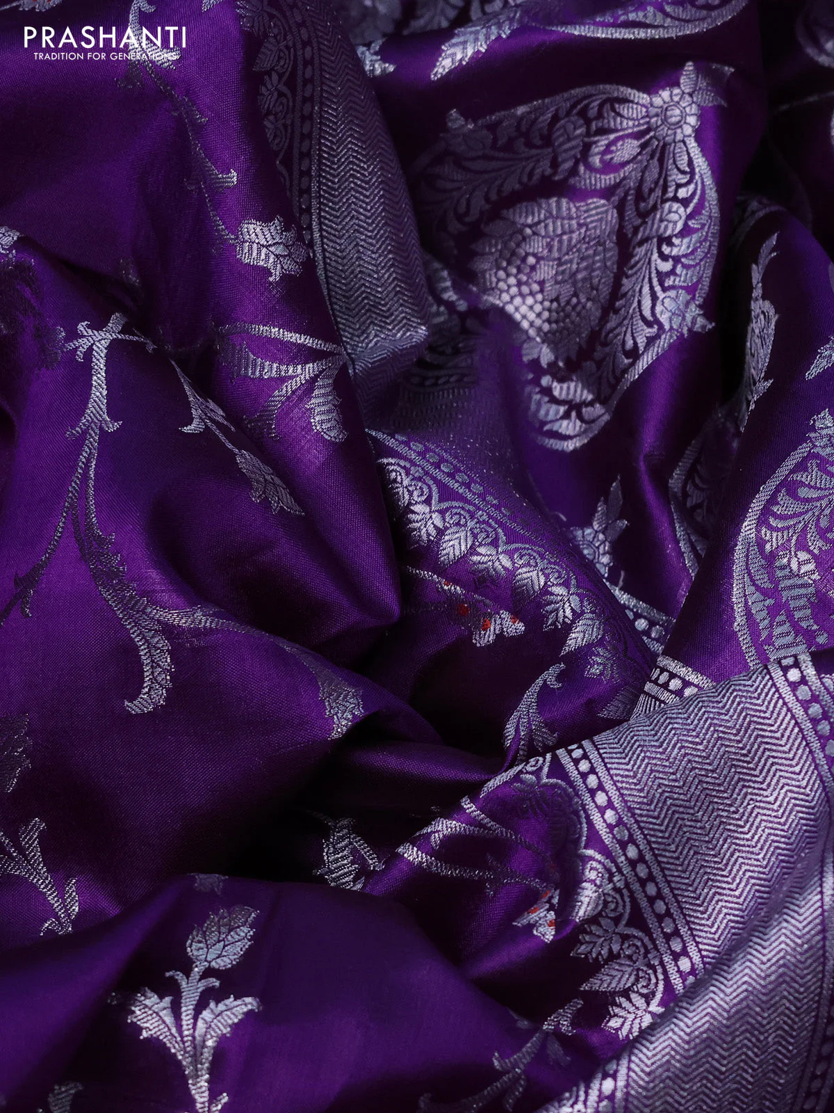 Poona silk saree purple with allover silver zari weaves and silver zari woven butta border - Image 3