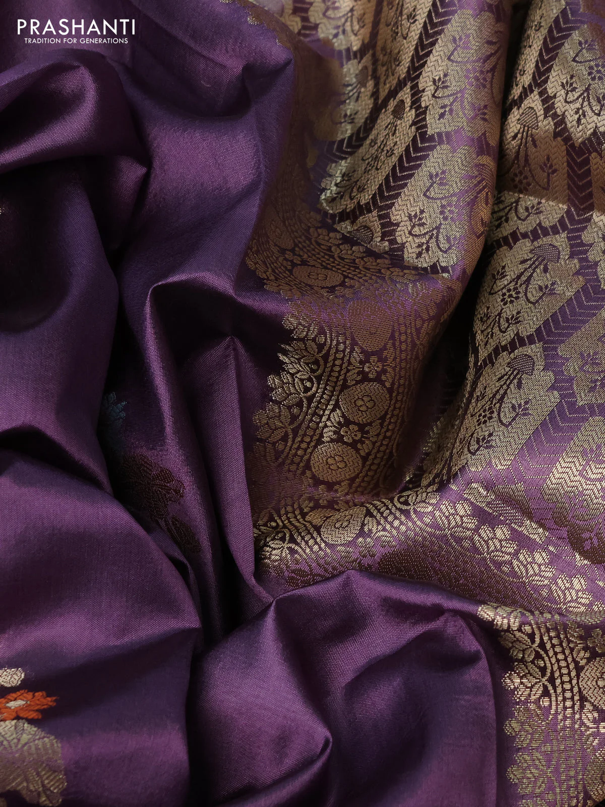 Poona silk saree purple with thread & zari woven floral buttas and long zari woven butta border - Image 3