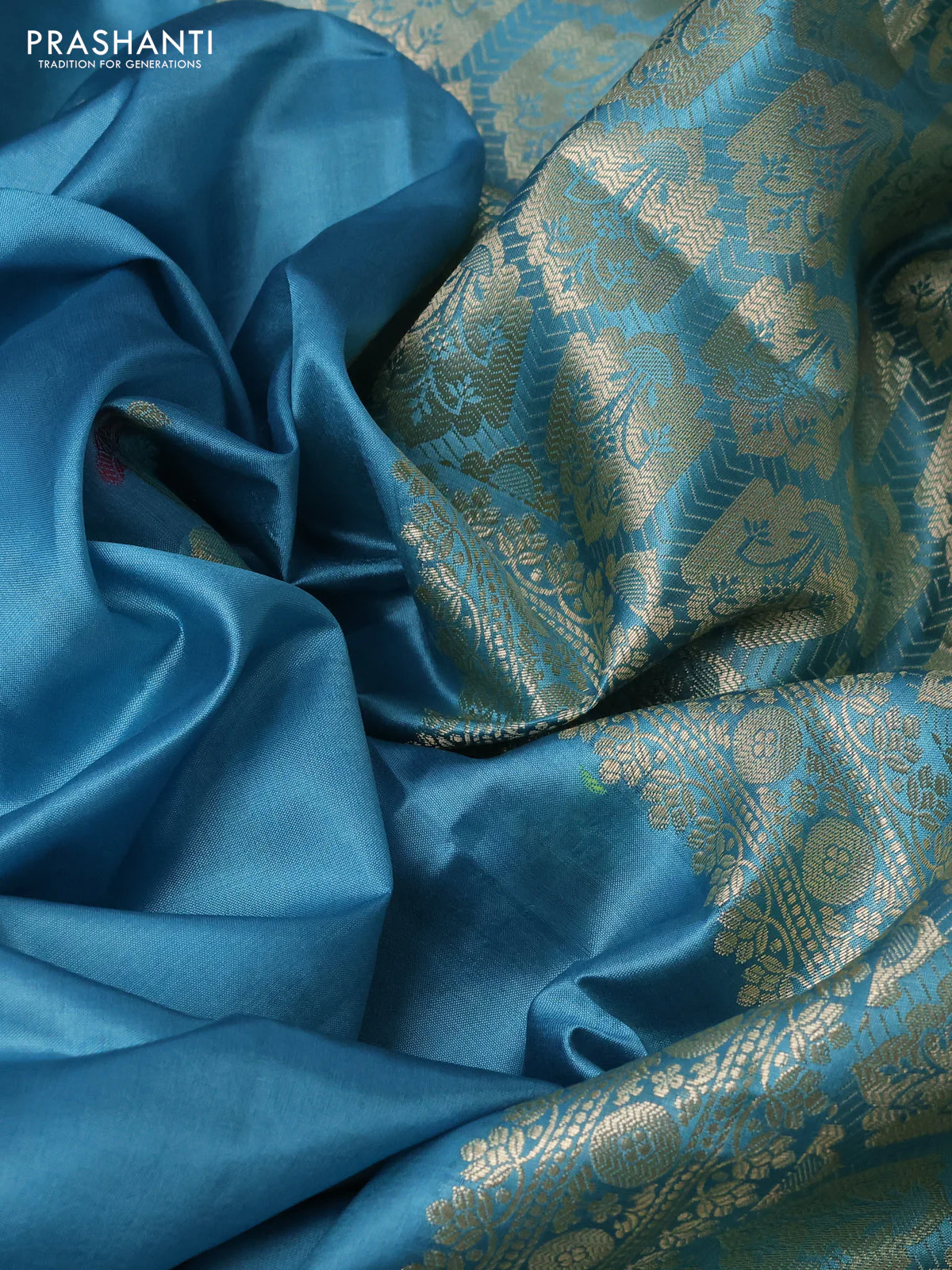 Poona silk saree teal blue with thread & zari woven floral buttas and long zari woven butta border - Image 3