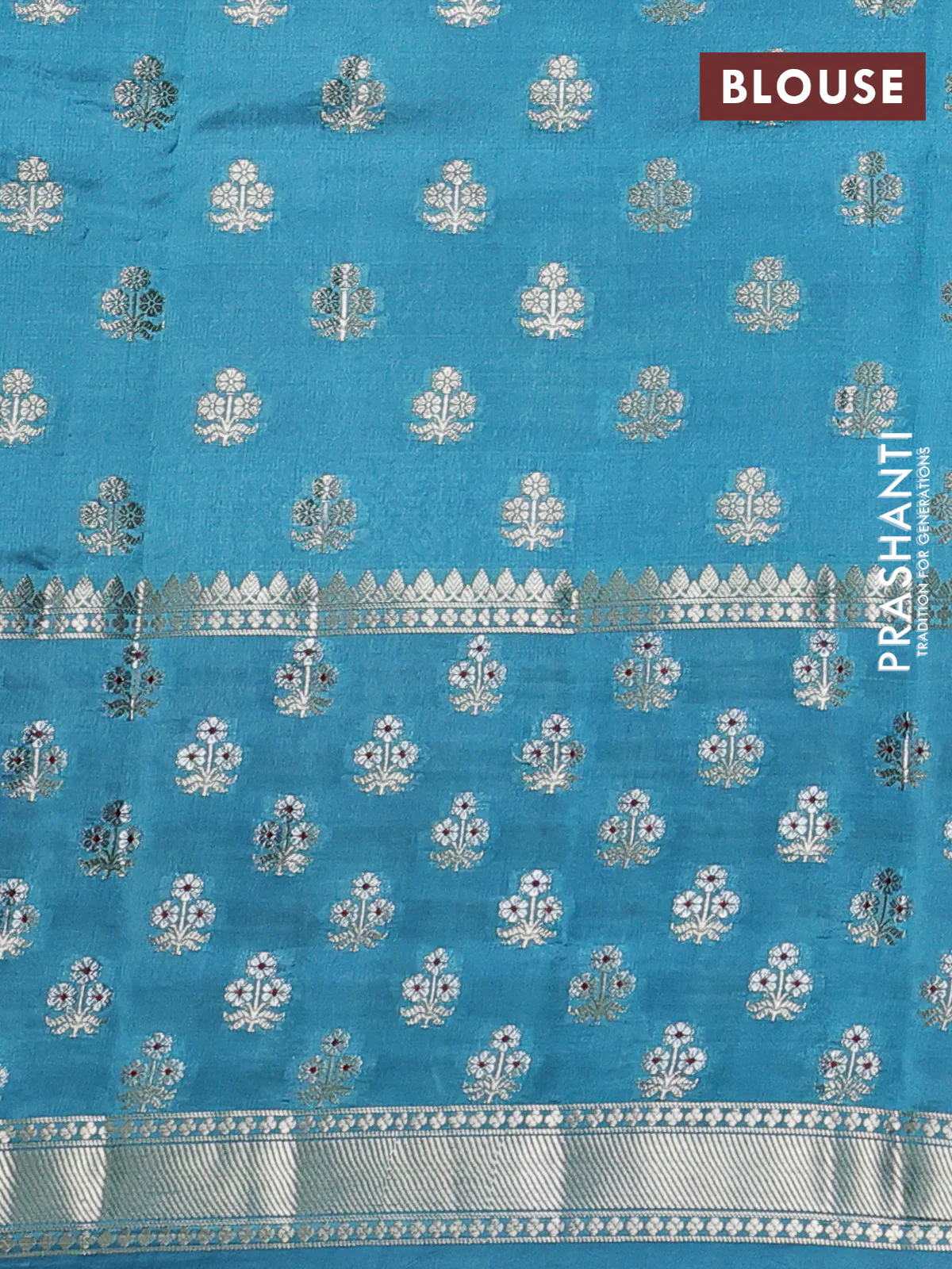 Poona silk saree teal blue with thread & zari woven floral buttas and long zari woven butta border - Image 4