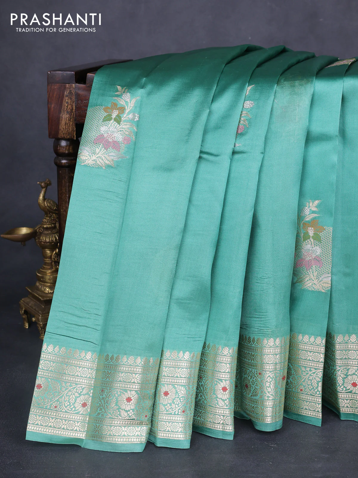 Poona silk saree teal green shade with thread & zari woven buttas and zari woven border