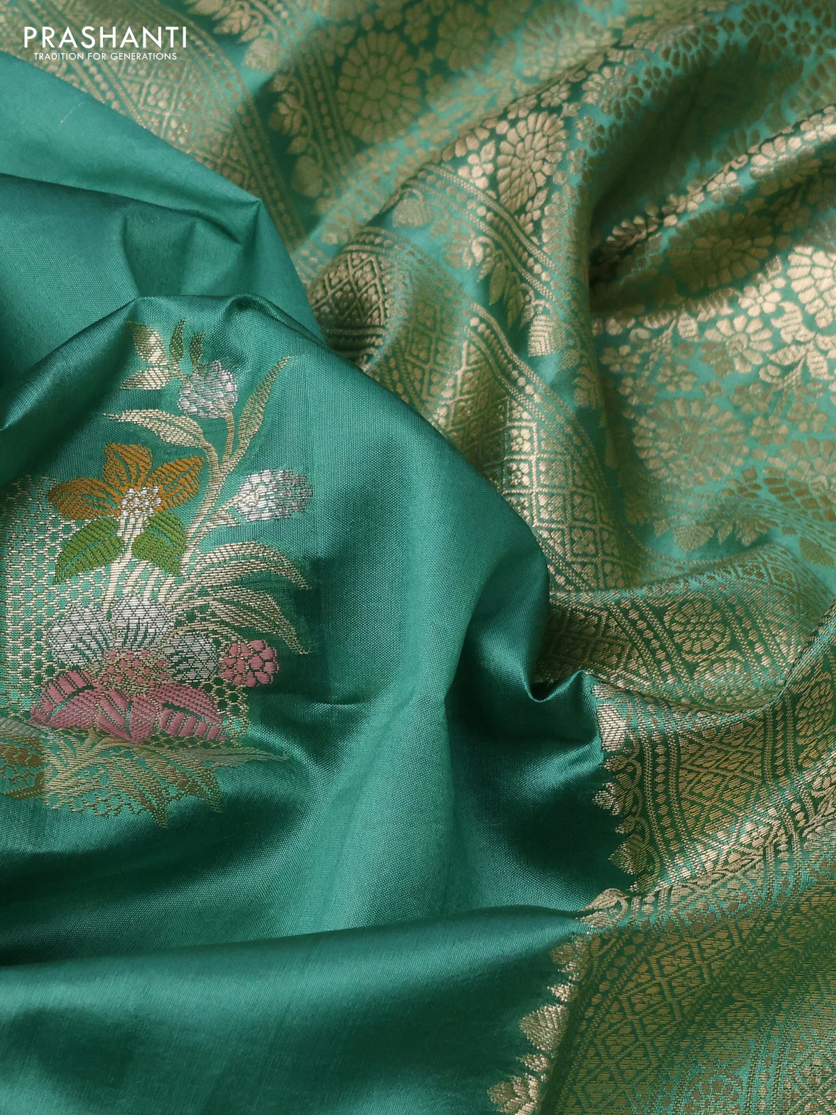 Poona silk saree teal green shade with thread & zari woven buttas and zari woven border - Image 3
