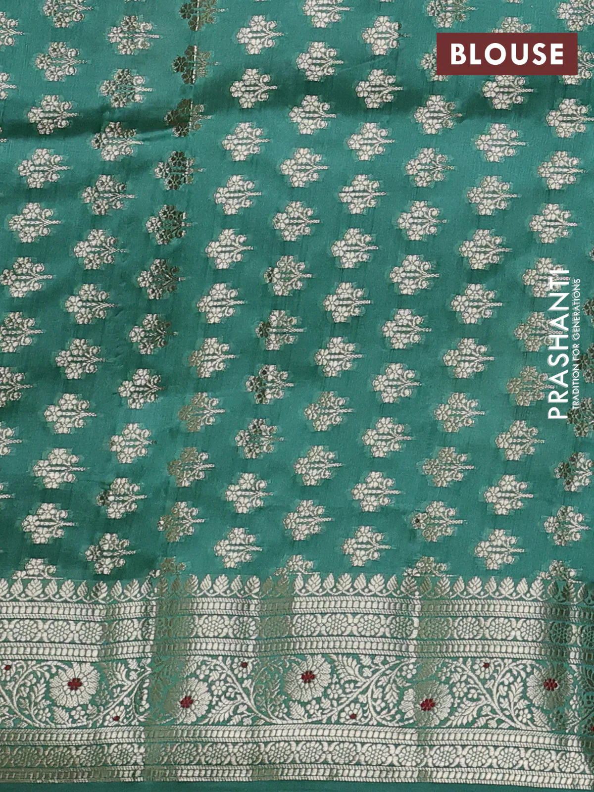 Poona silk saree teal green shade with thread & zari woven buttas and zari woven border - Image 4