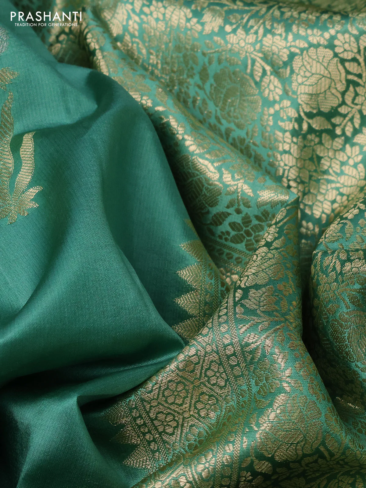 Poona silk saree teal green with floral zari woven buttas and zari woven self emboss border - Image 3