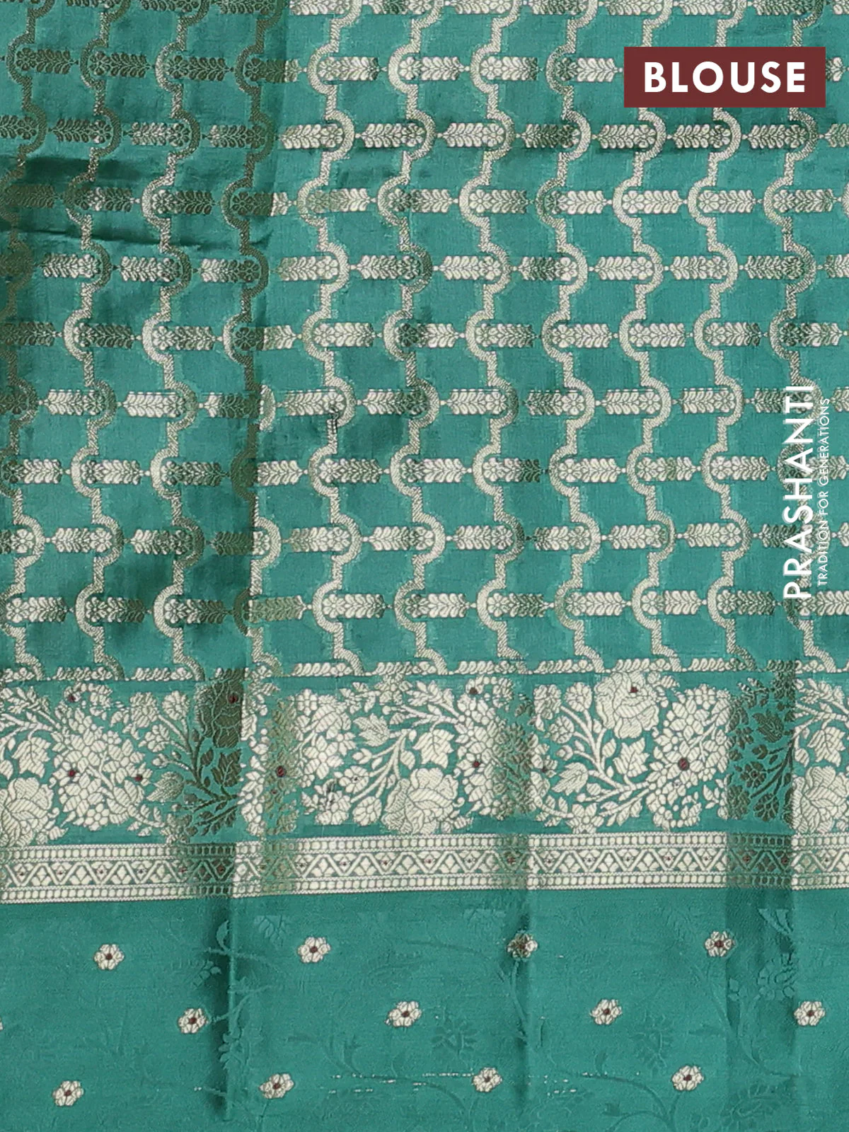 Poona silk saree teal green with floral zari woven buttas and zari woven self emboss border - Image 4
