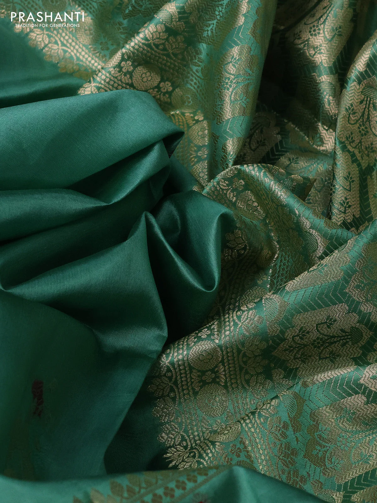 Poona silk saree teal green with thread & zari woven floral buttas and long zari woven butta border - Image 3