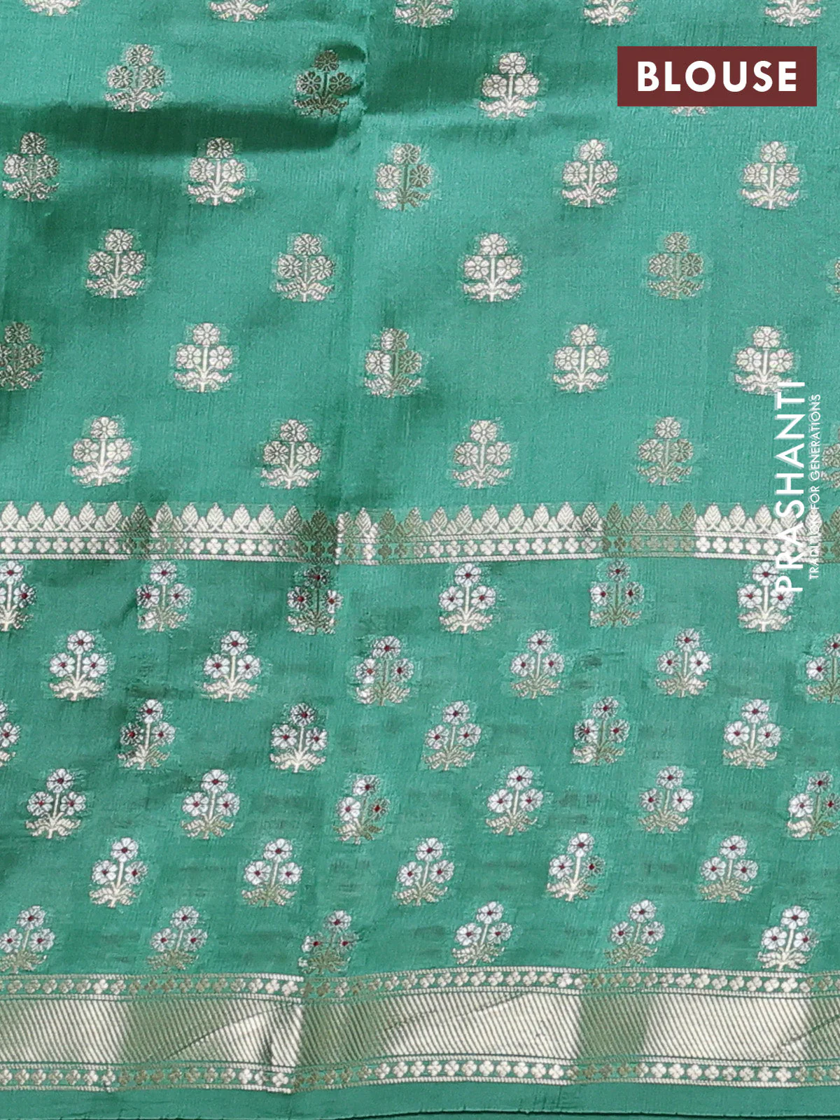 Poona silk saree teal green with thread & zari woven floral buttas and long zari woven butta border - Image 4