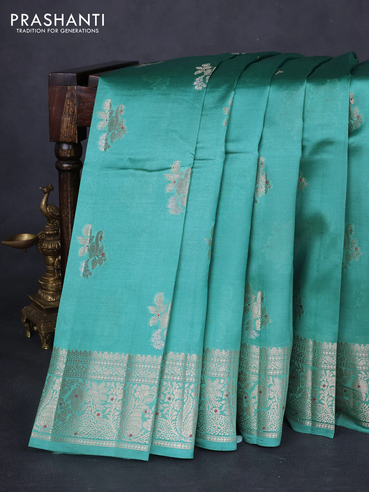 Poona silk saree teal green with zari woven buttas and zari woven border