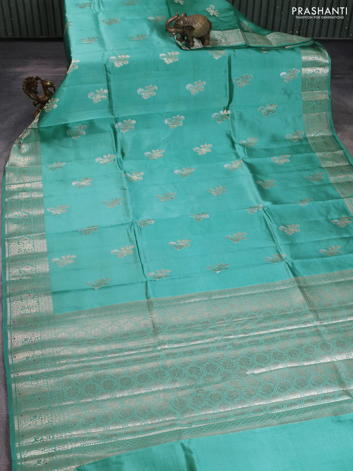 Poona silk saree teal green with zari woven buttas and zari woven border - Image 2