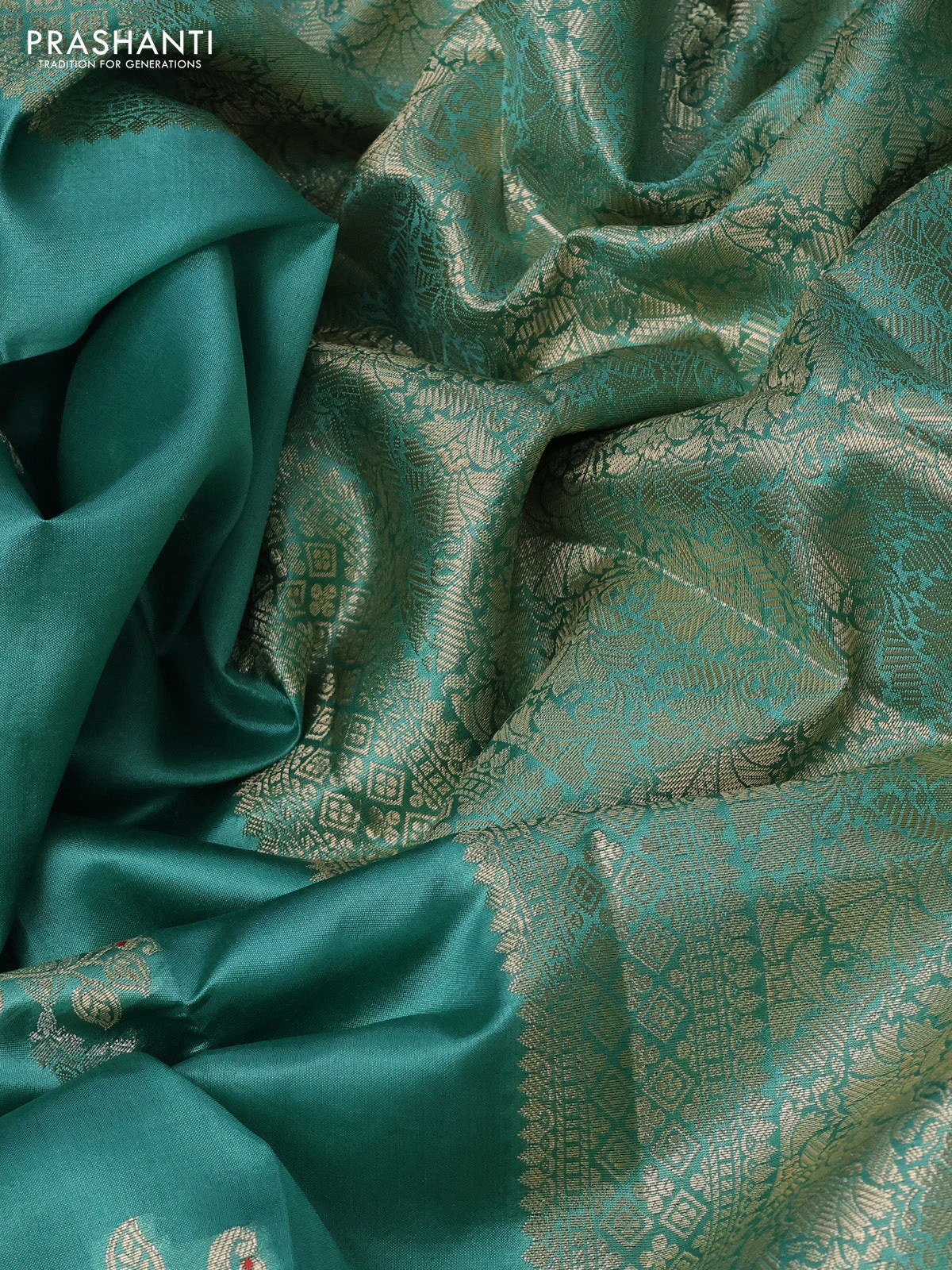 Poona silk saree teal green with zari woven buttas and zari woven border - Image 3