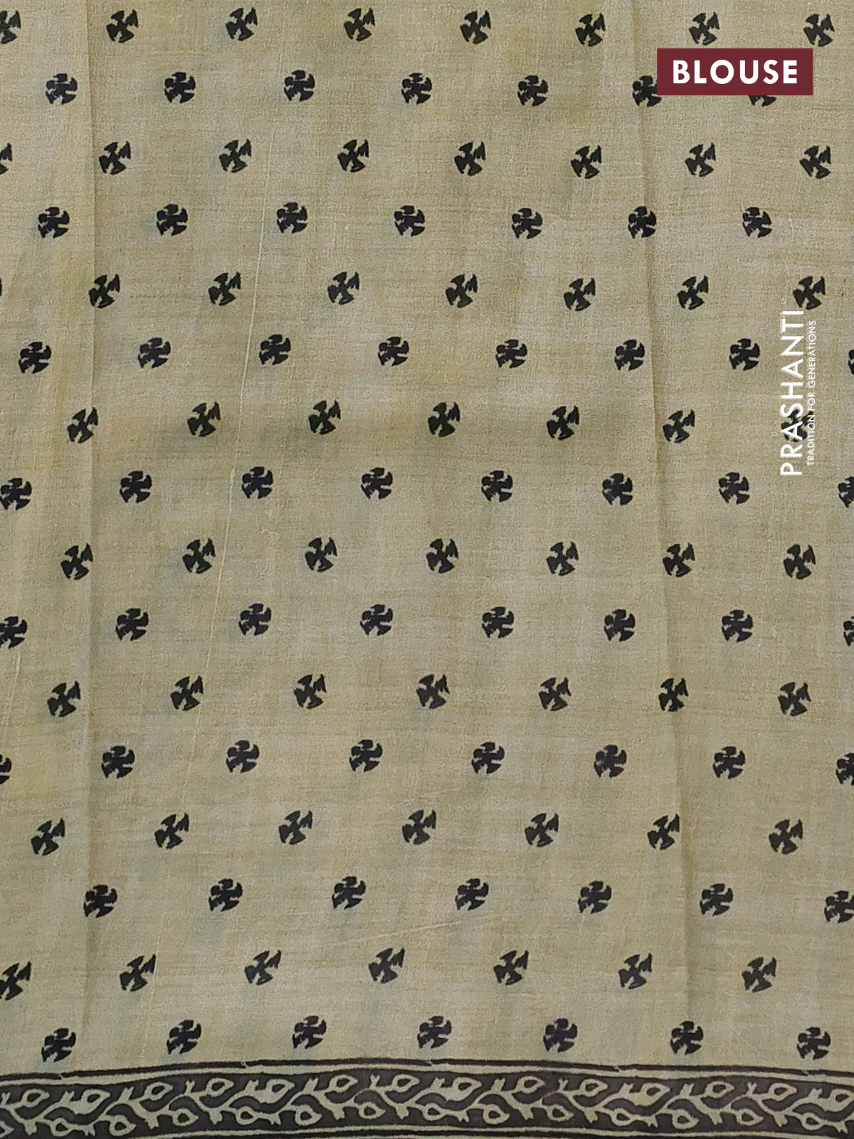 Printed silk saree beige and black with plain body and long printed border - Image 3