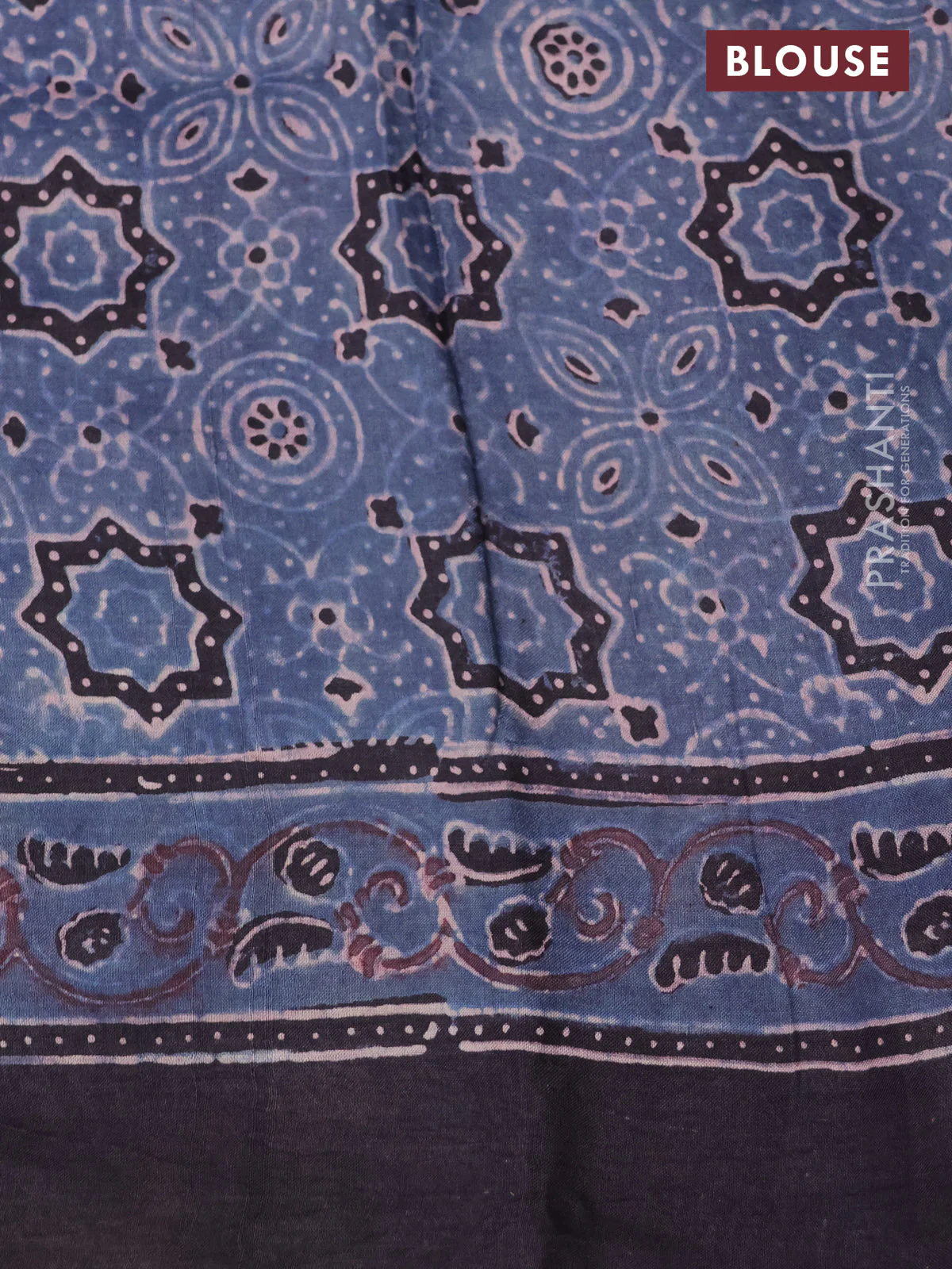 Printed silk saree blue and black with allover ajrakh prints and simple border - Image 3