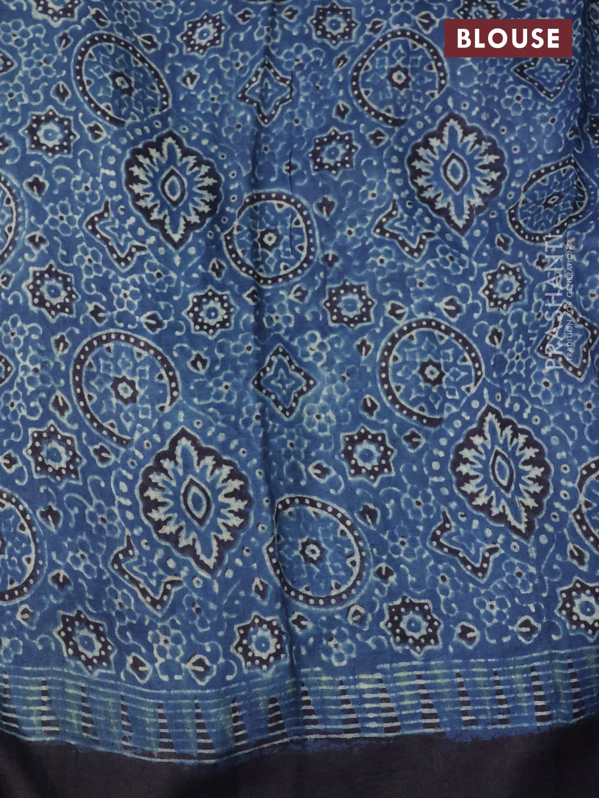 Printed silk saree blue and black with allover ajrakh prints and simple border - Image 3