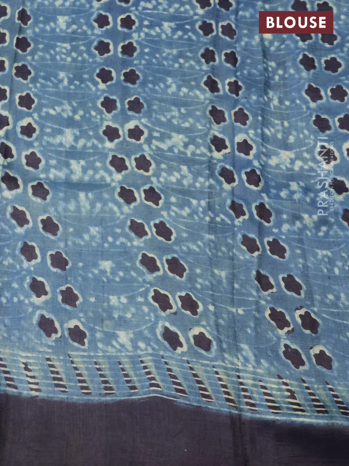 Printed silk saree blue and black with allover ajrakh prints and simple border - Image 3