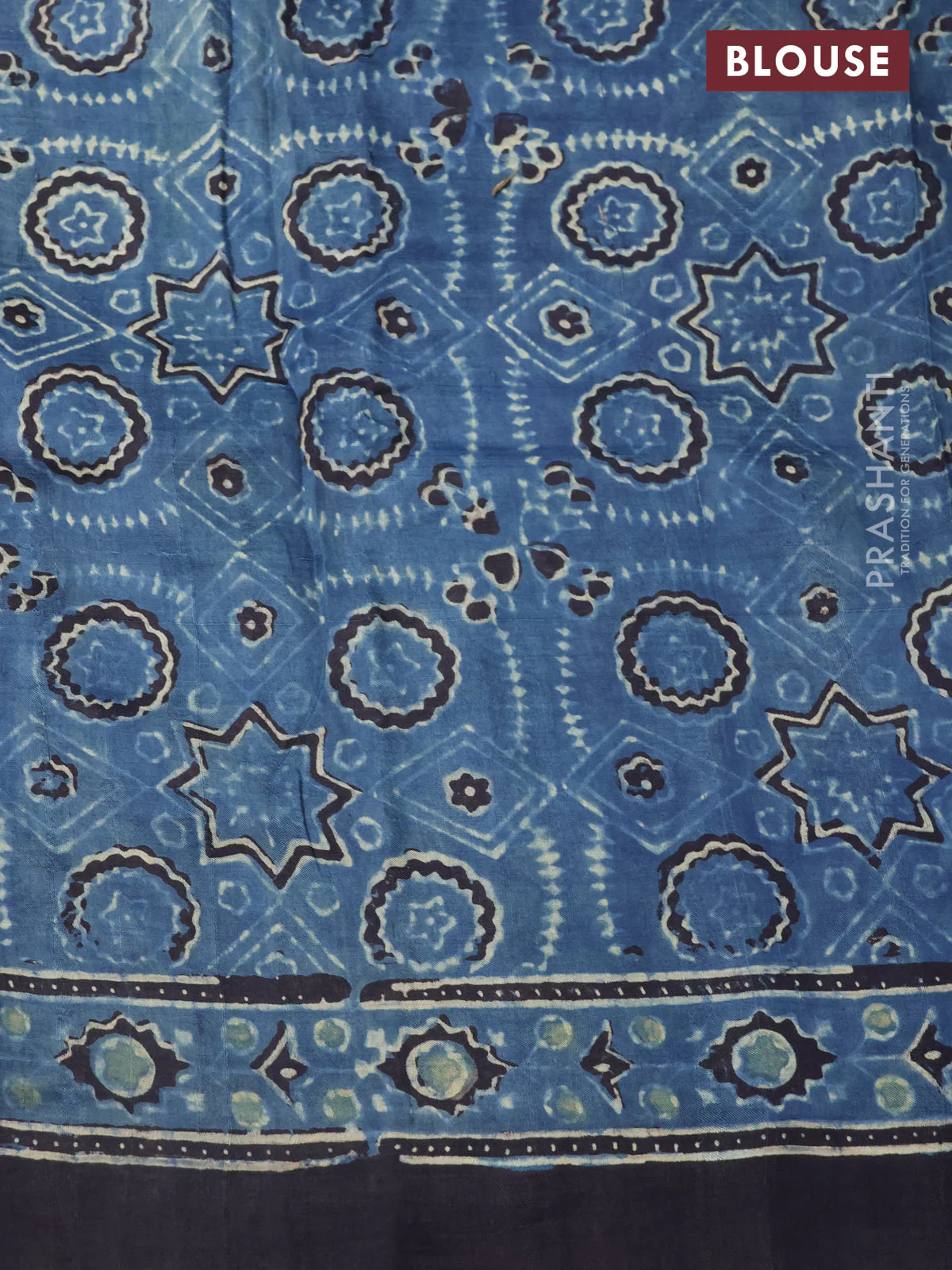 Printed silk saree blue and black with allover ajrakh prints and simple border - Image 3