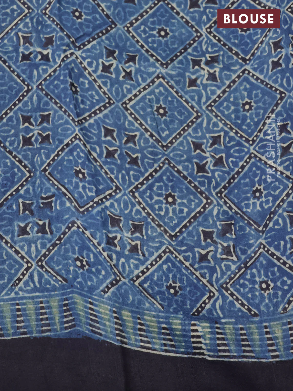 Printed silk saree blue and black with allover ajrakh prints and simple border - Image 3