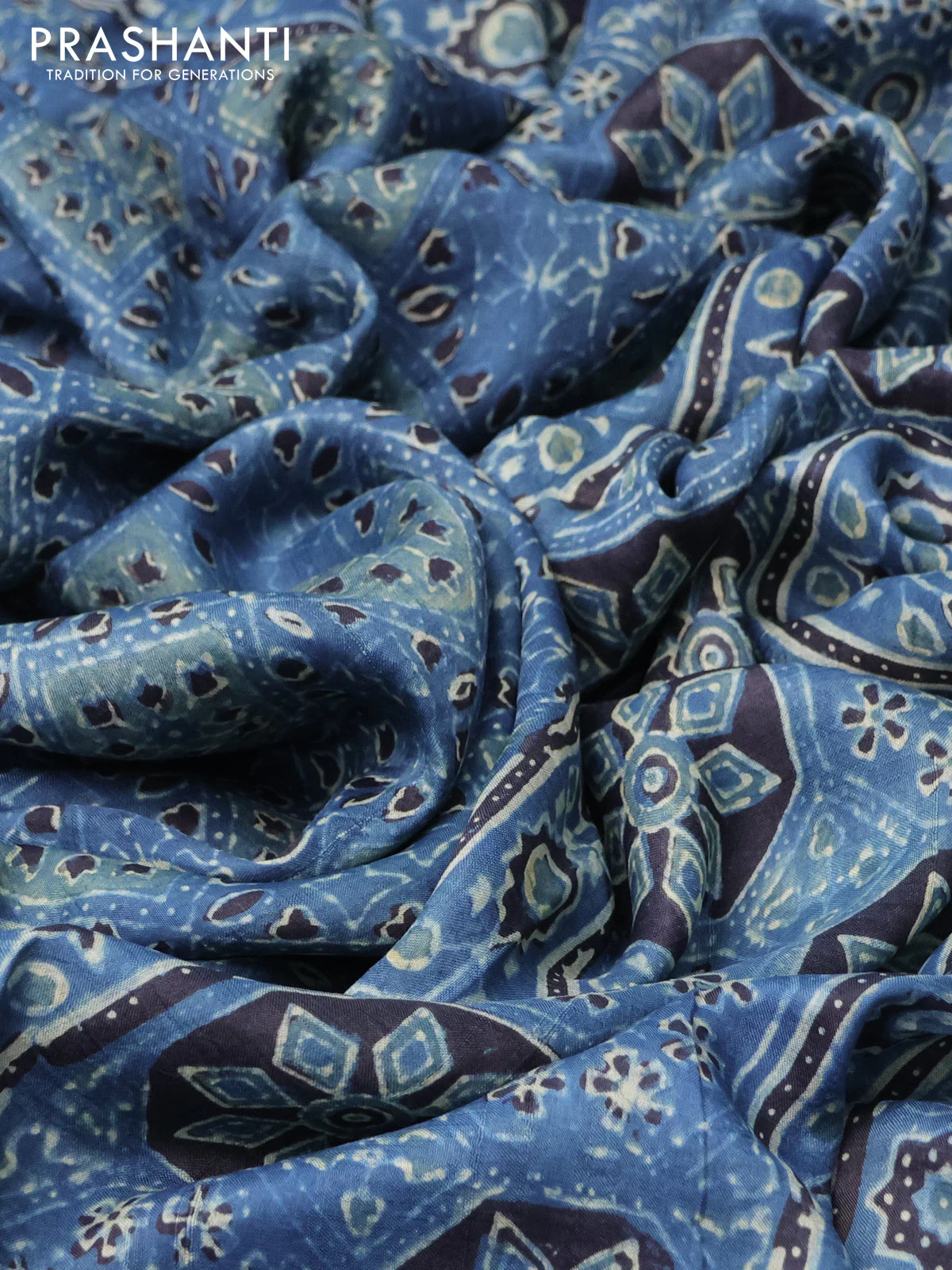 Printed silk saree blue and black with allover ajrakh prints and simple border - Image 2