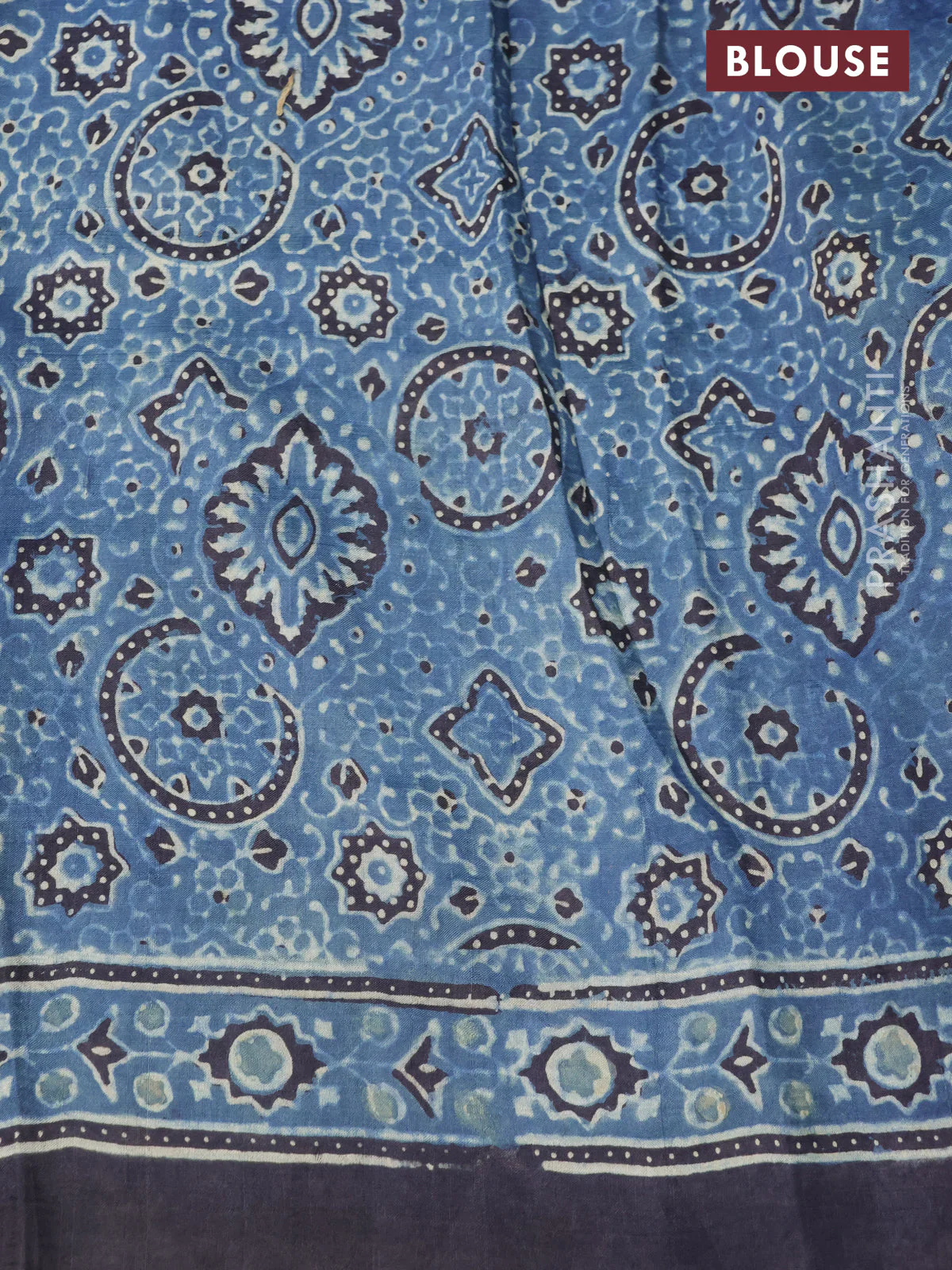 Printed silk saree blue and black with allover ajrakh prints and simple border - Image 3
