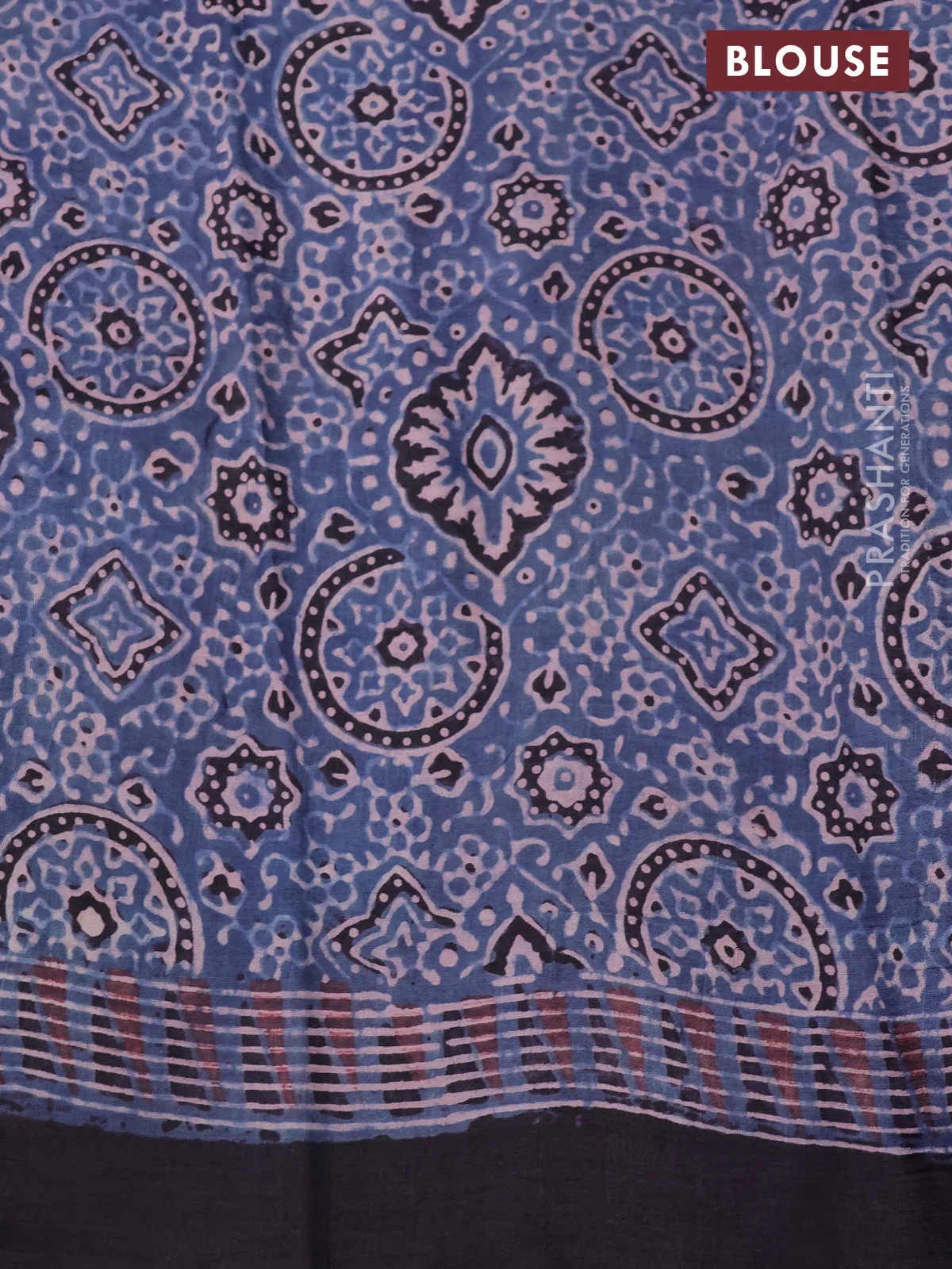 Printed silk saree blue and coffee brown with allover ajrakh prints and simple border - Image 3