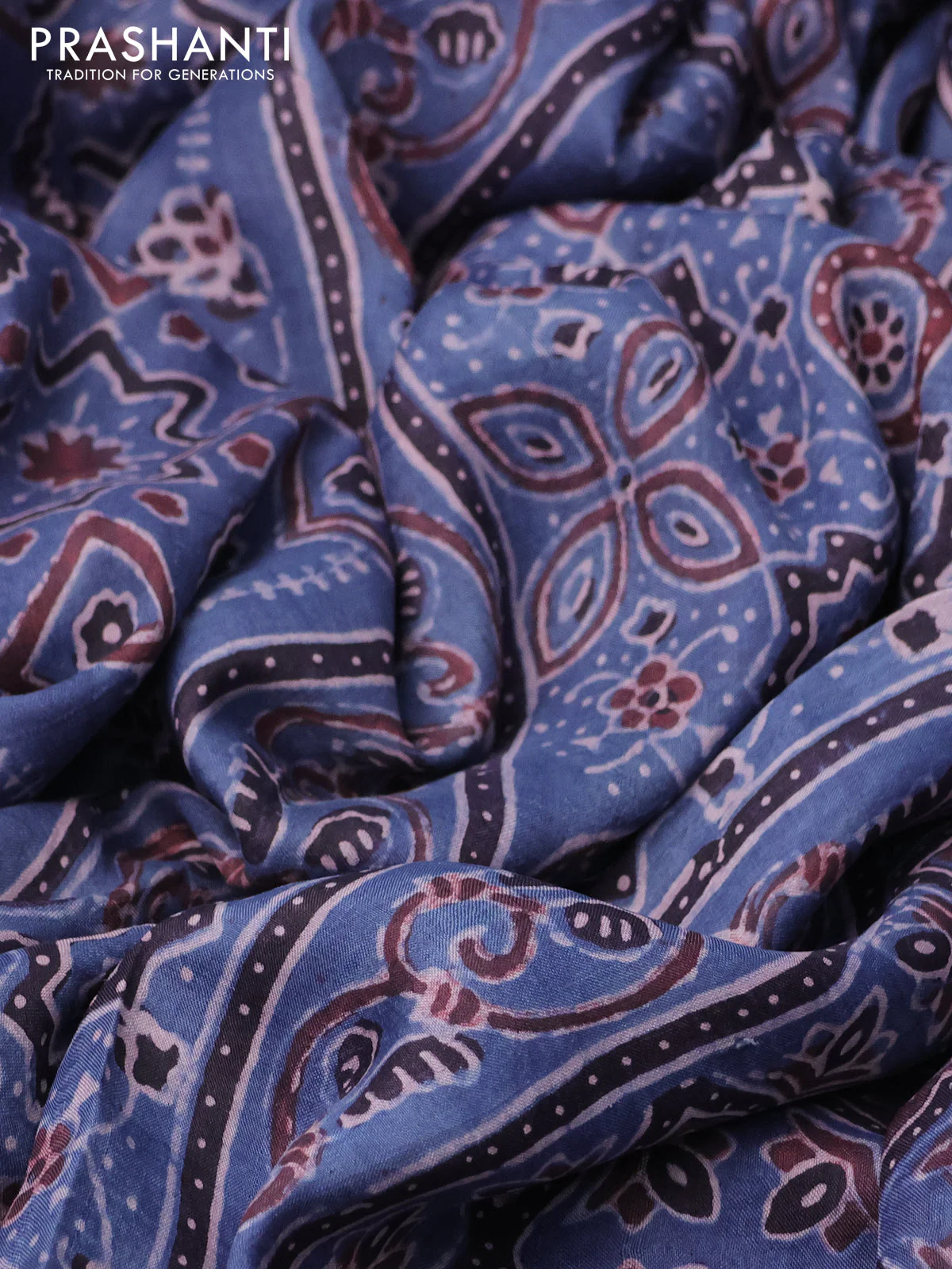 Printed silk saree blue and coffee brown with allover ajrakh prints and simple border - Image 2