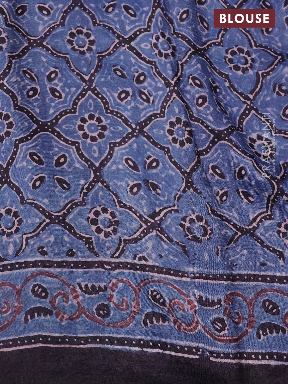Printed silk saree blue and coffee brown with allover ajrakh prints and simple border - Image 3