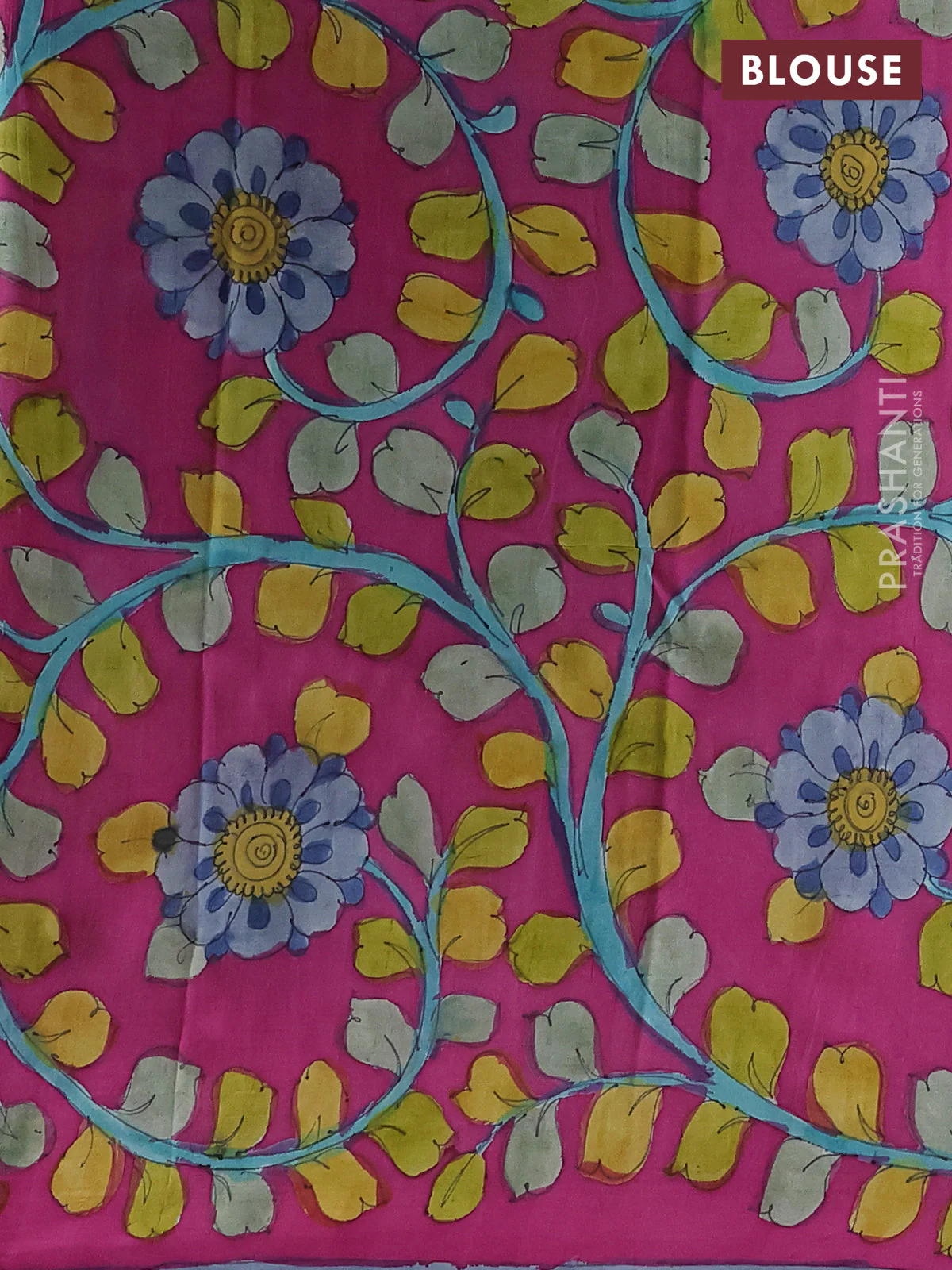 Printed silk saree blue shade and magenta pink with shibori prints and kalamkari hand painted pallu & blouse - Image 3