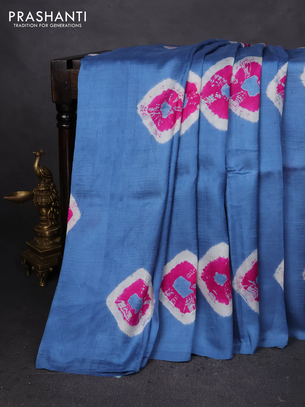 Printed silk saree blue shade and yellow with shibori butta prints and kalamkari hand painted pallu & blouse - Image 2