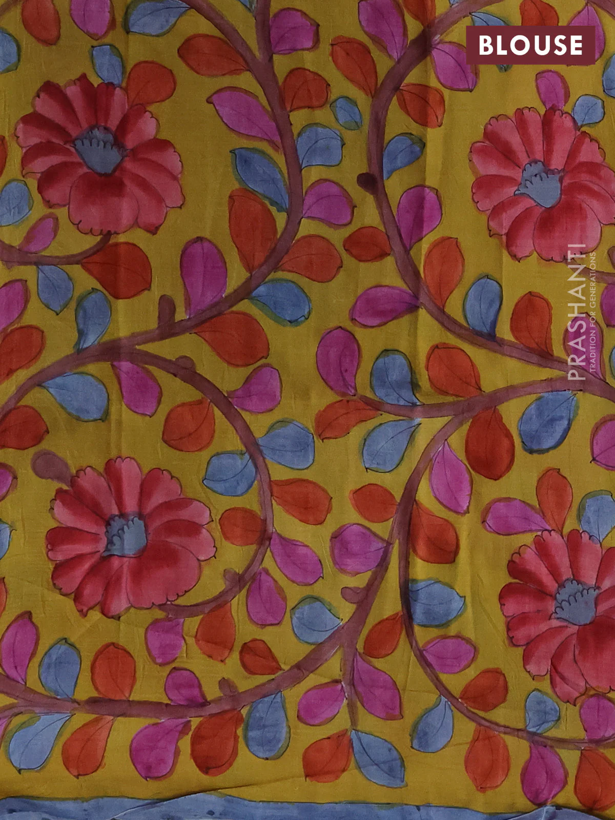 Printed silk saree blue shade and yellow with shibori butta prints and kalamkari hand painted pallu & blouse - Image 3