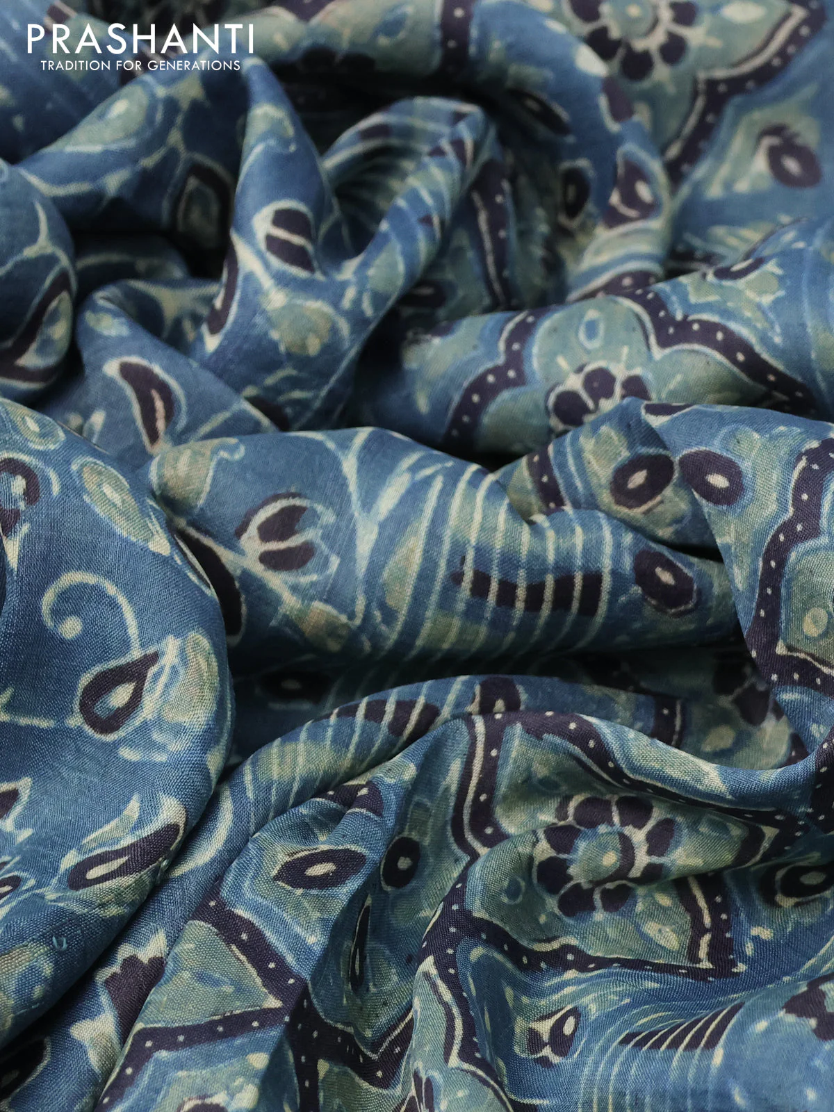 Printed silk saree bluish grey and black with allover ajrakh prints and simple border - Image 2
