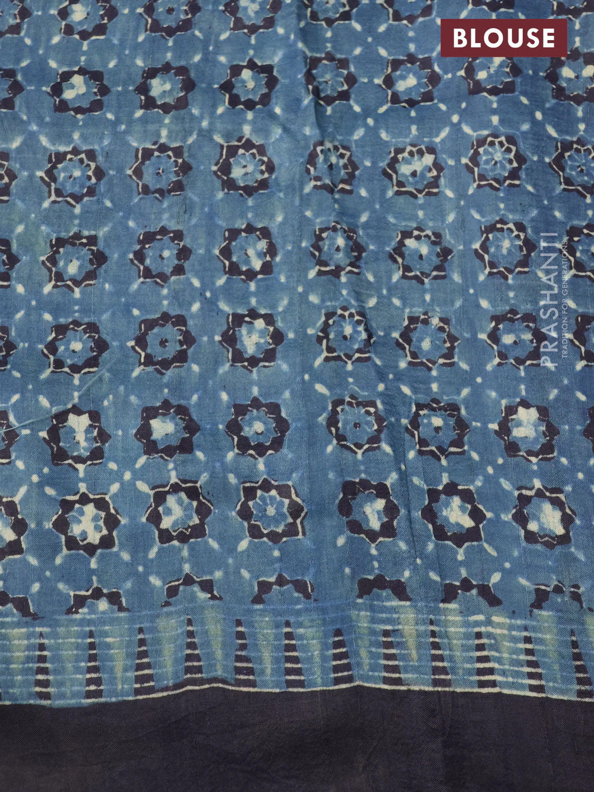 Printed silk saree bluish grey and black with allover ajrakh prints and simple border - Image 3
