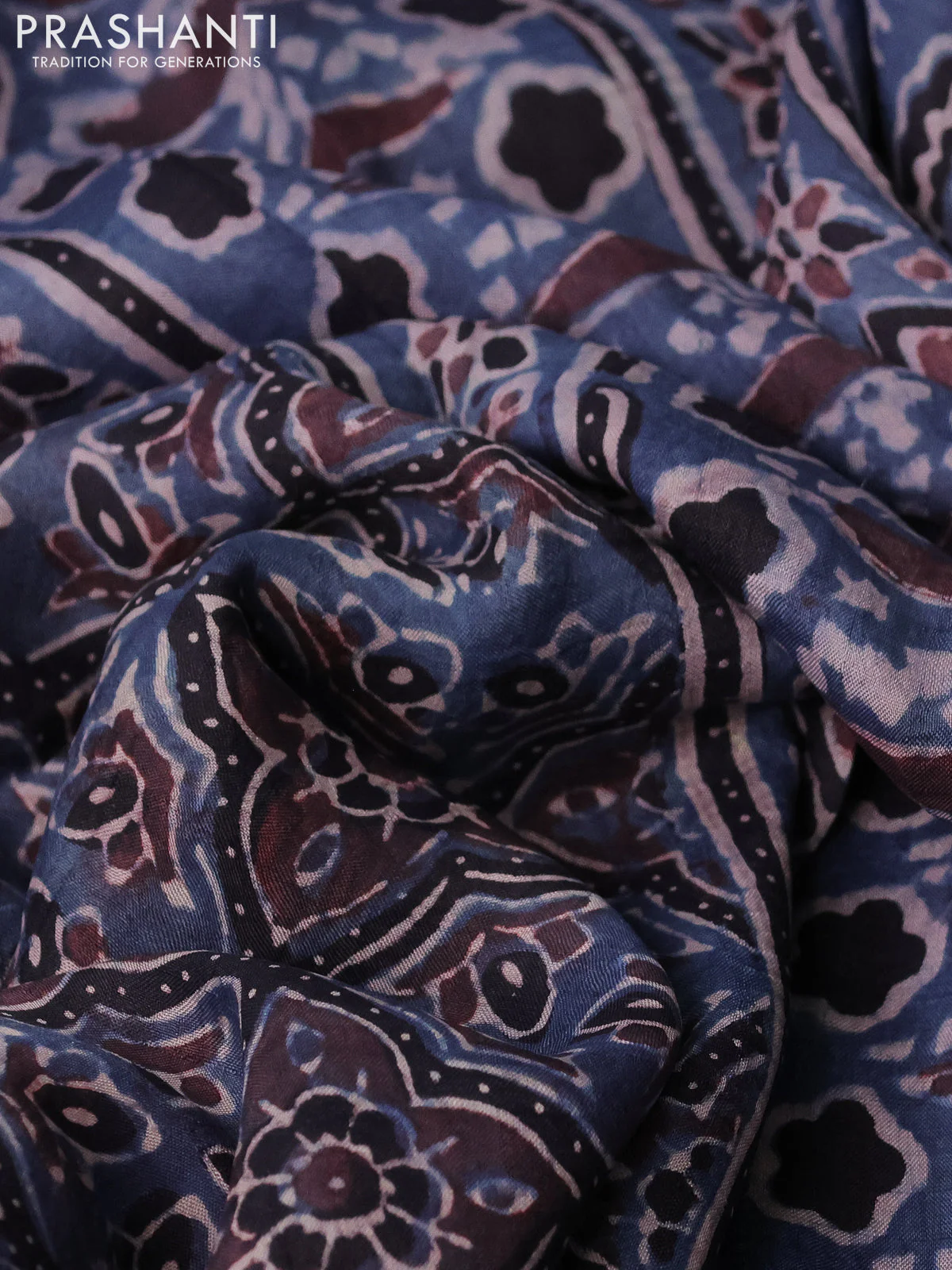 Printed silk saree bluish grey and black with allover ajrakh prints and simple border - Image 2