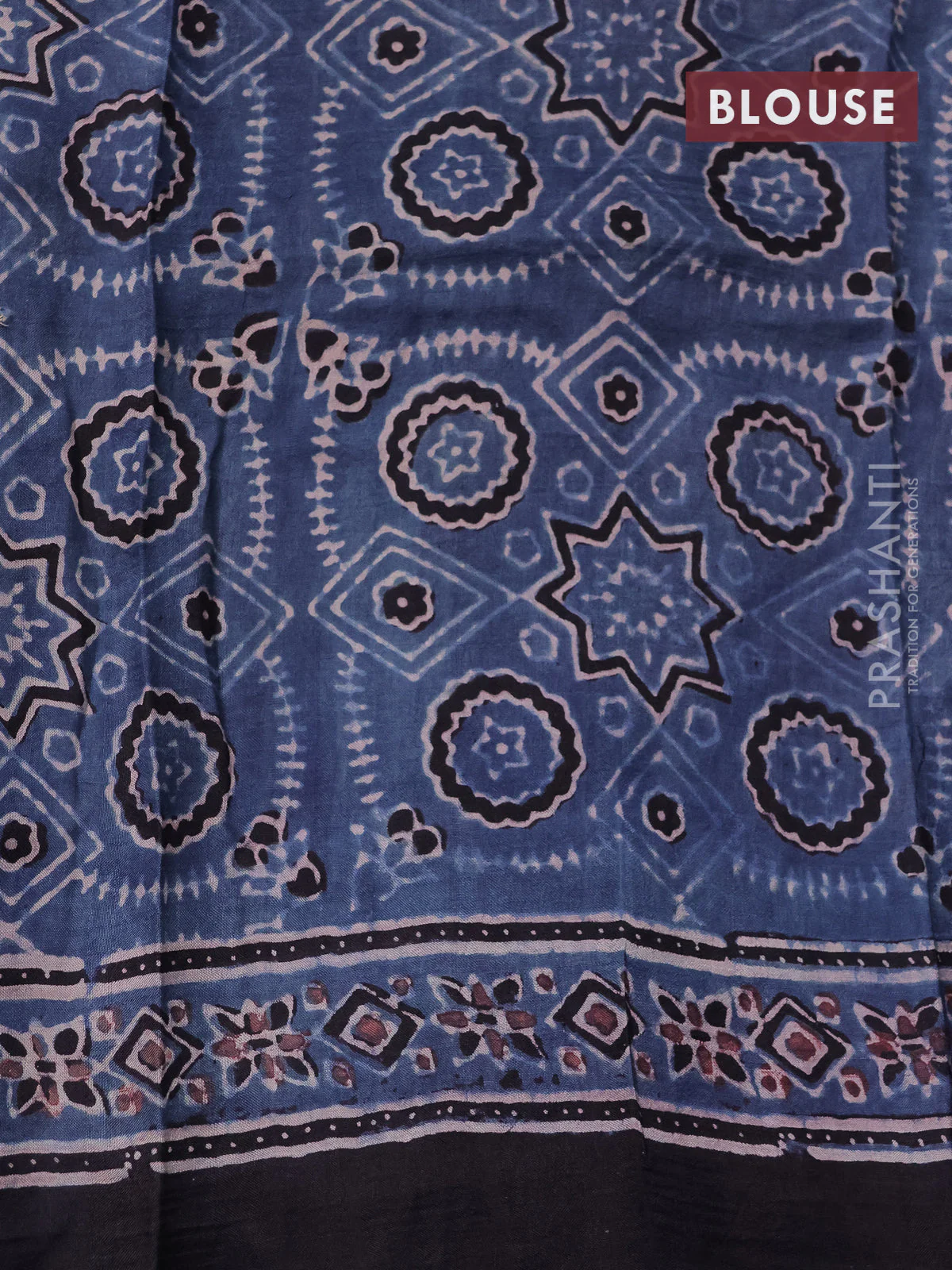 Printed silk saree bluish grey and black with allover ajrakh prints and simple border - Image 3