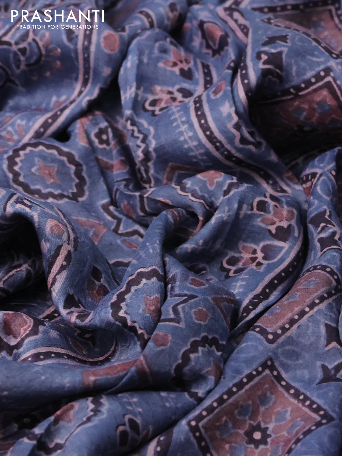 Printed silk saree bluish grey and deep jamun with allover ajrakh prints and simple border - Image 2