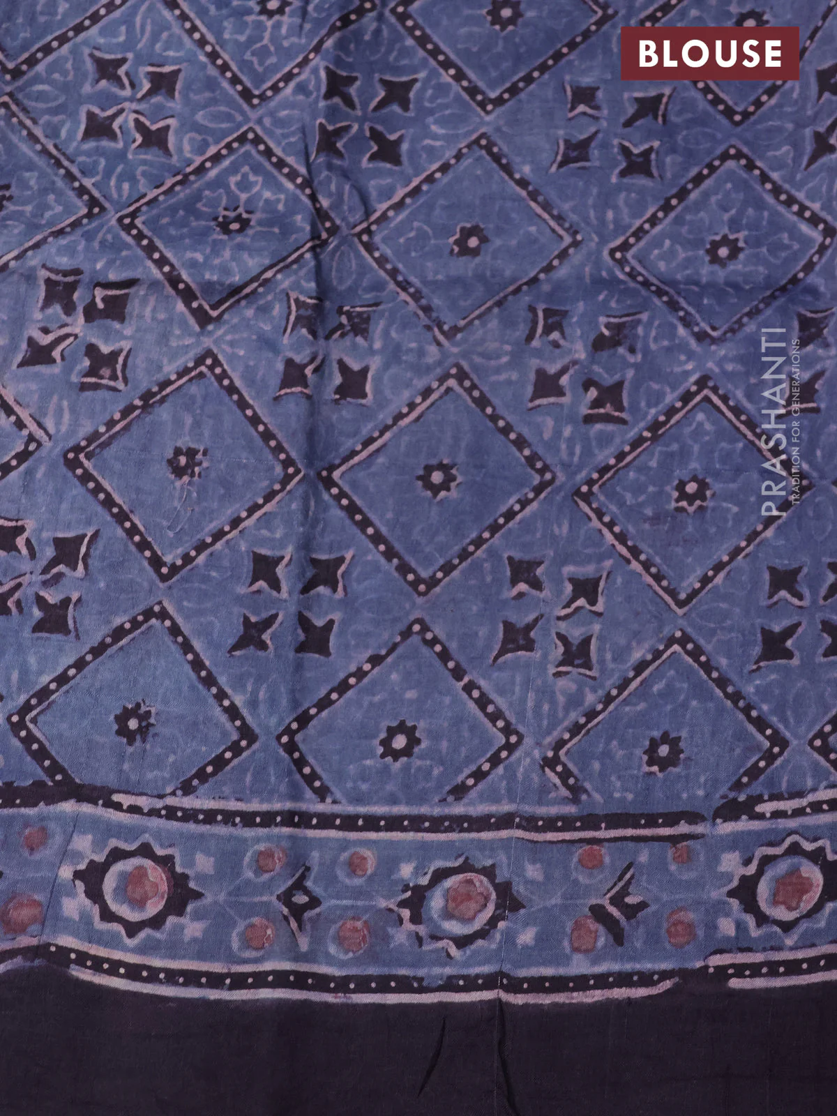 Printed silk saree bluish grey and deep jamun with allover ajrakh prints and simple border - Image 3