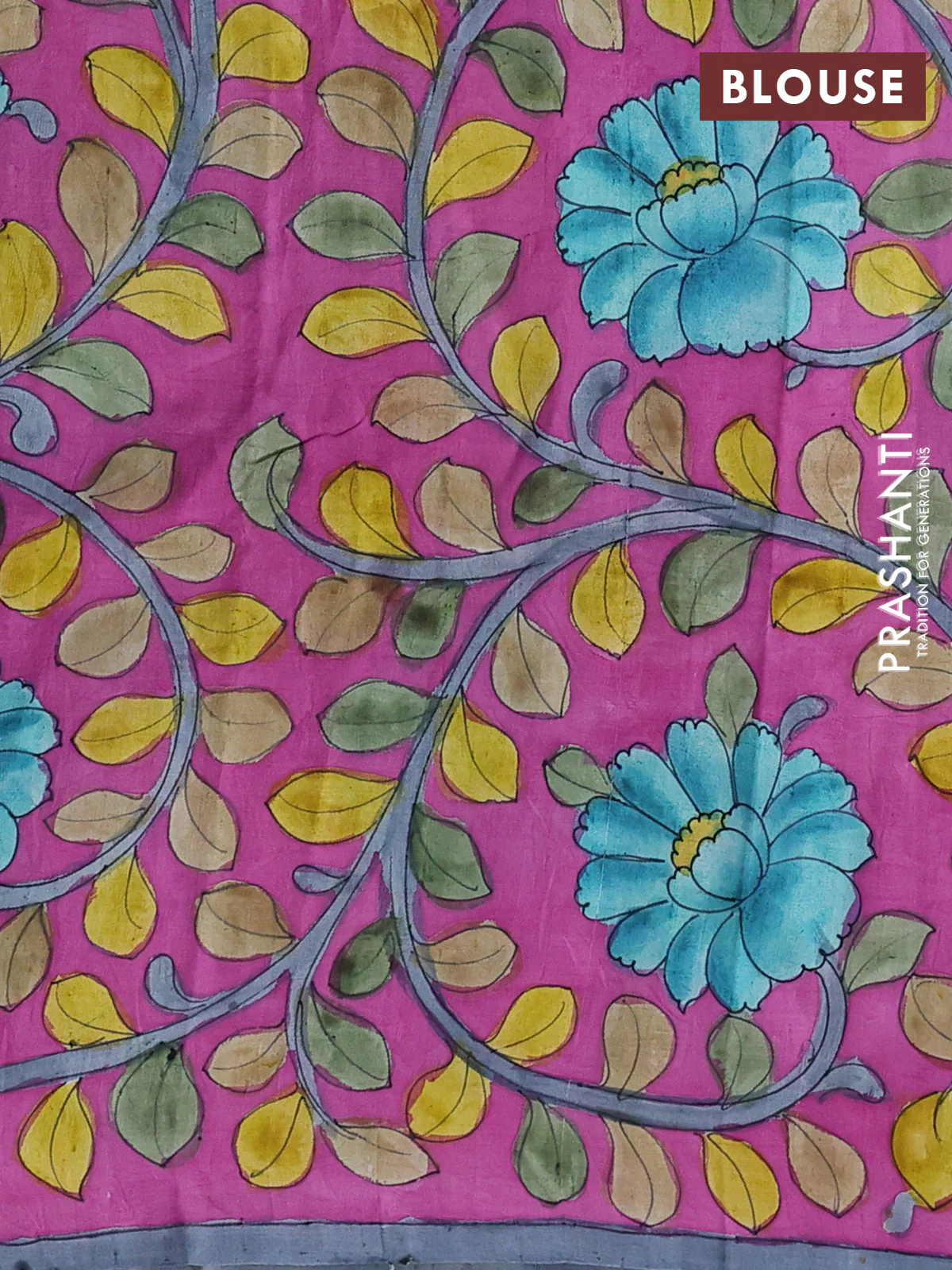Printed silk saree bluish grey and magenta pink with shibori prints and kalamkari hand painted pallu & blouse - Image 3