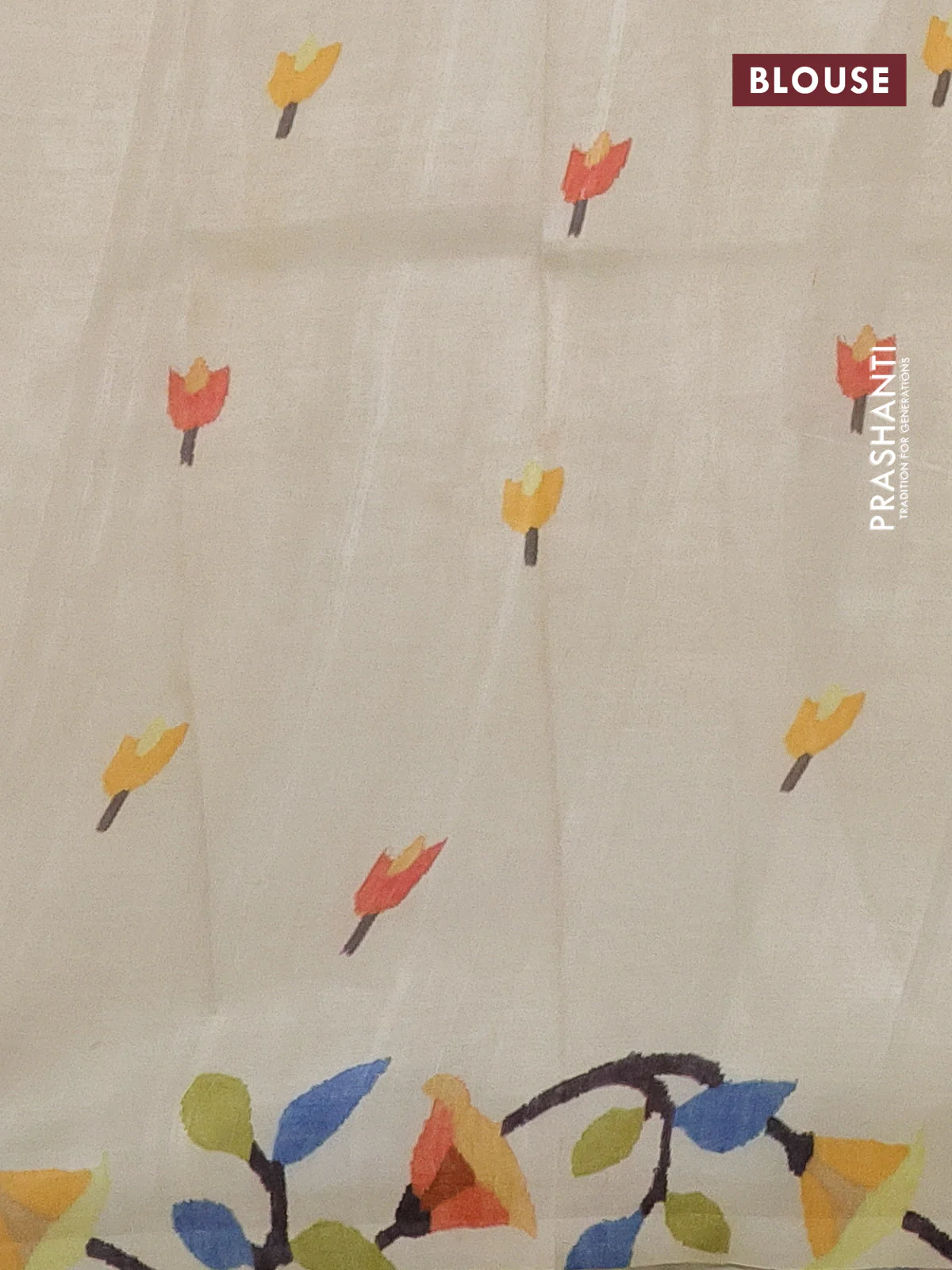 Printed silk saree cream with floral butta prints and long printed border - Image 3