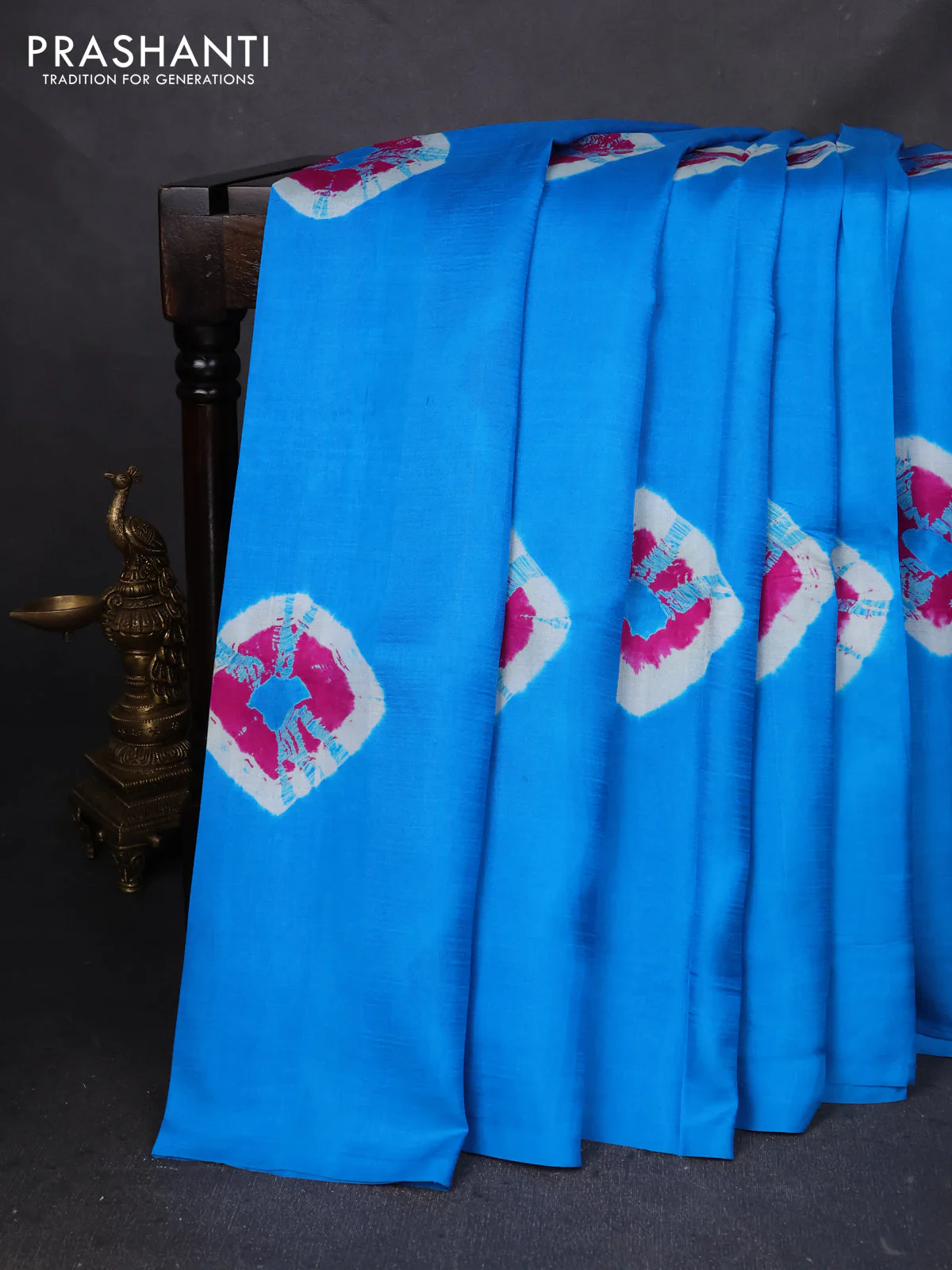 Printed silk saree cs blue and mustard yellow with shibori butta prints and kalamkari hand painted pallu & blouse - Image 2