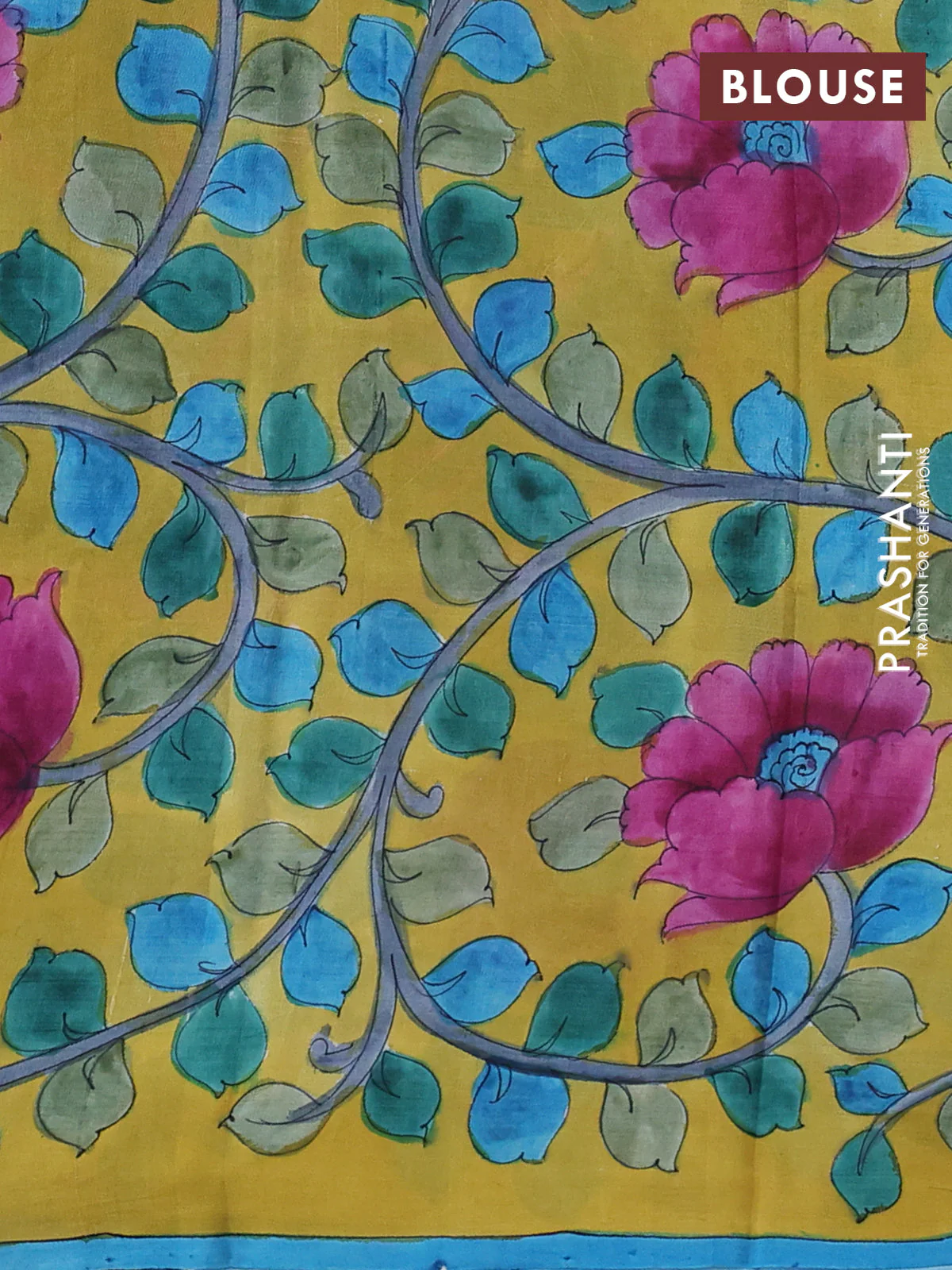 Printed silk saree cs blue and mustard yellow with shibori butta prints and kalamkari hand painted pallu & blouse - Image 3
