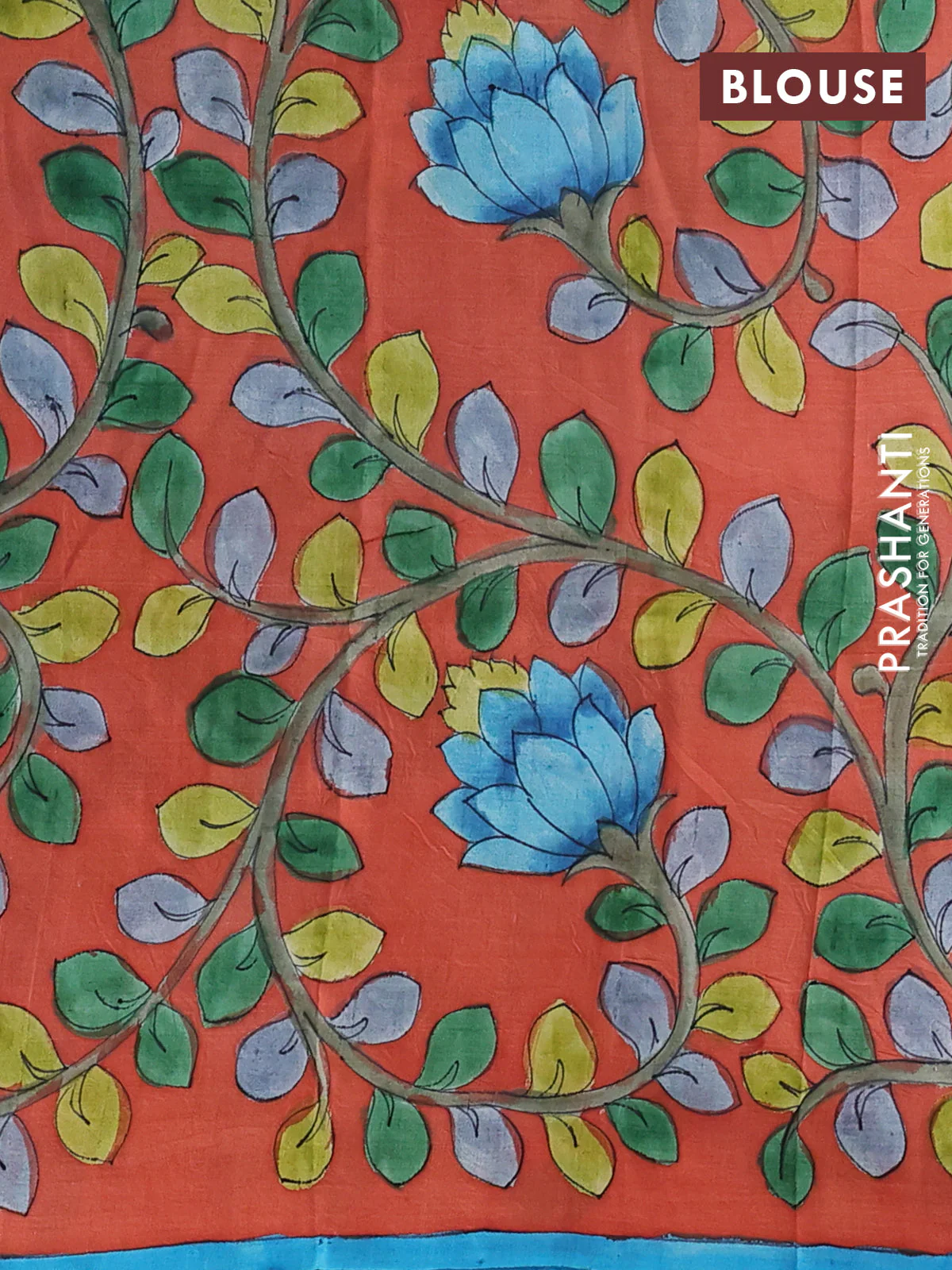 Printed silk saree cs blue and orange with shibori prints and kalamkari hand painted pallu & blouse - Image 3