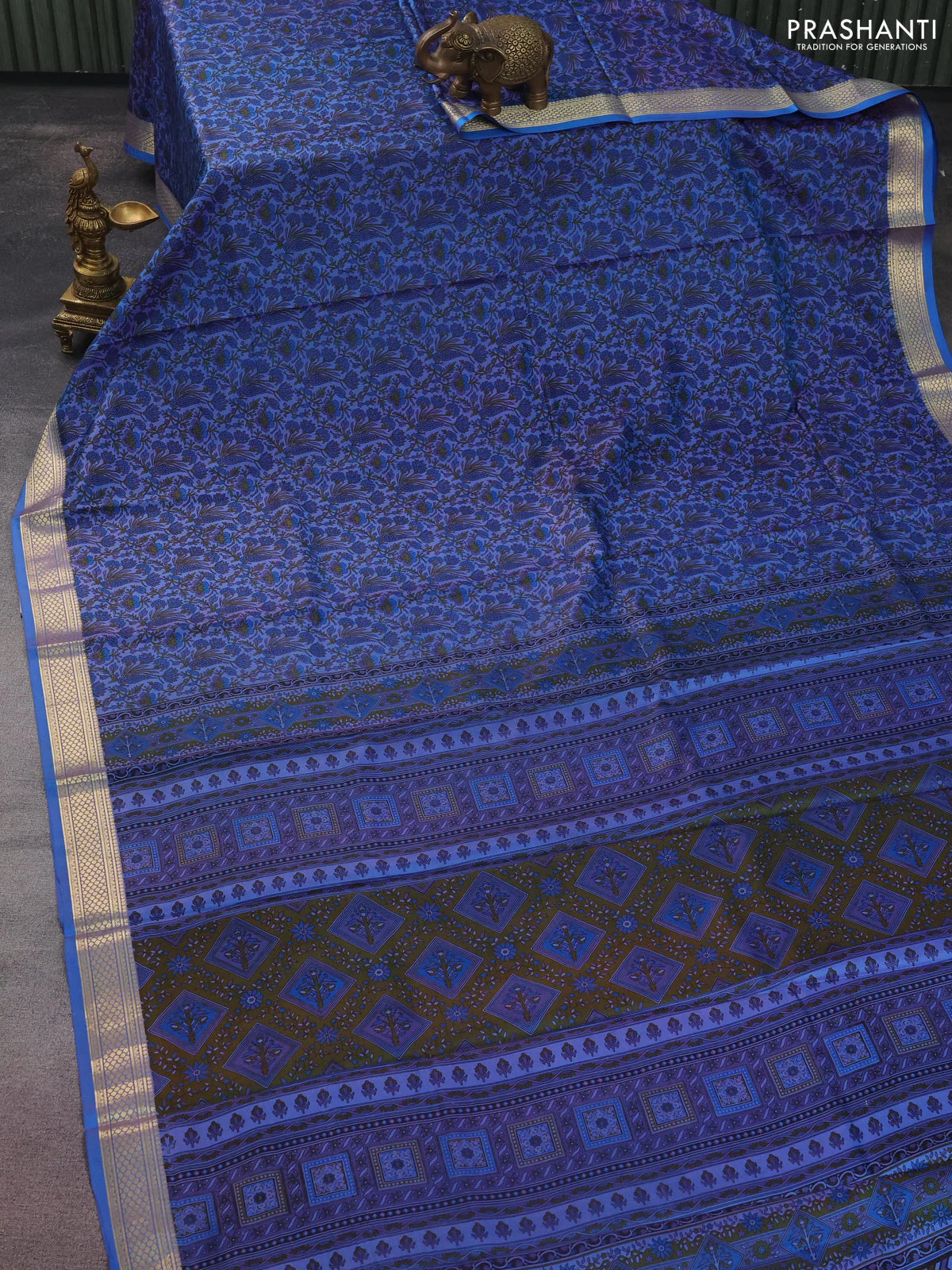 Printed silk saree dual shade of blue with allover prints and zari woven border - Image 2