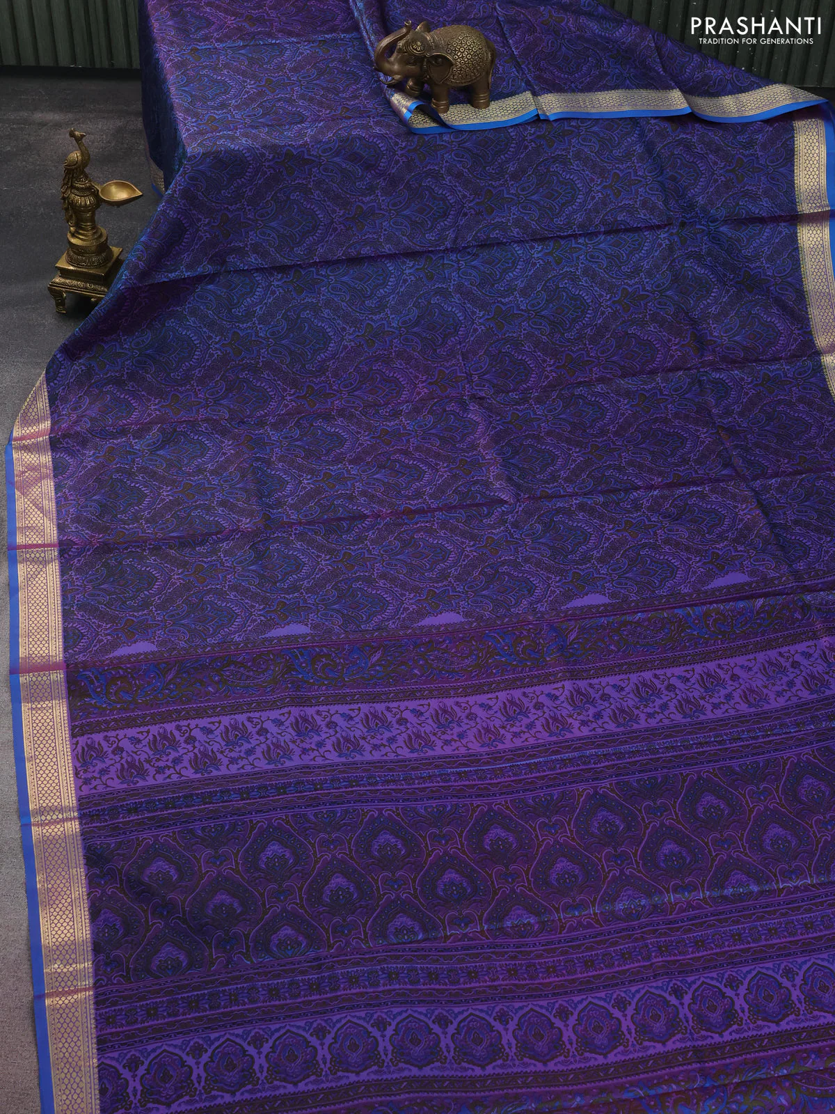 Printed silk saree dual shade of bluish purple with allover prints and zari woven border - Image 2