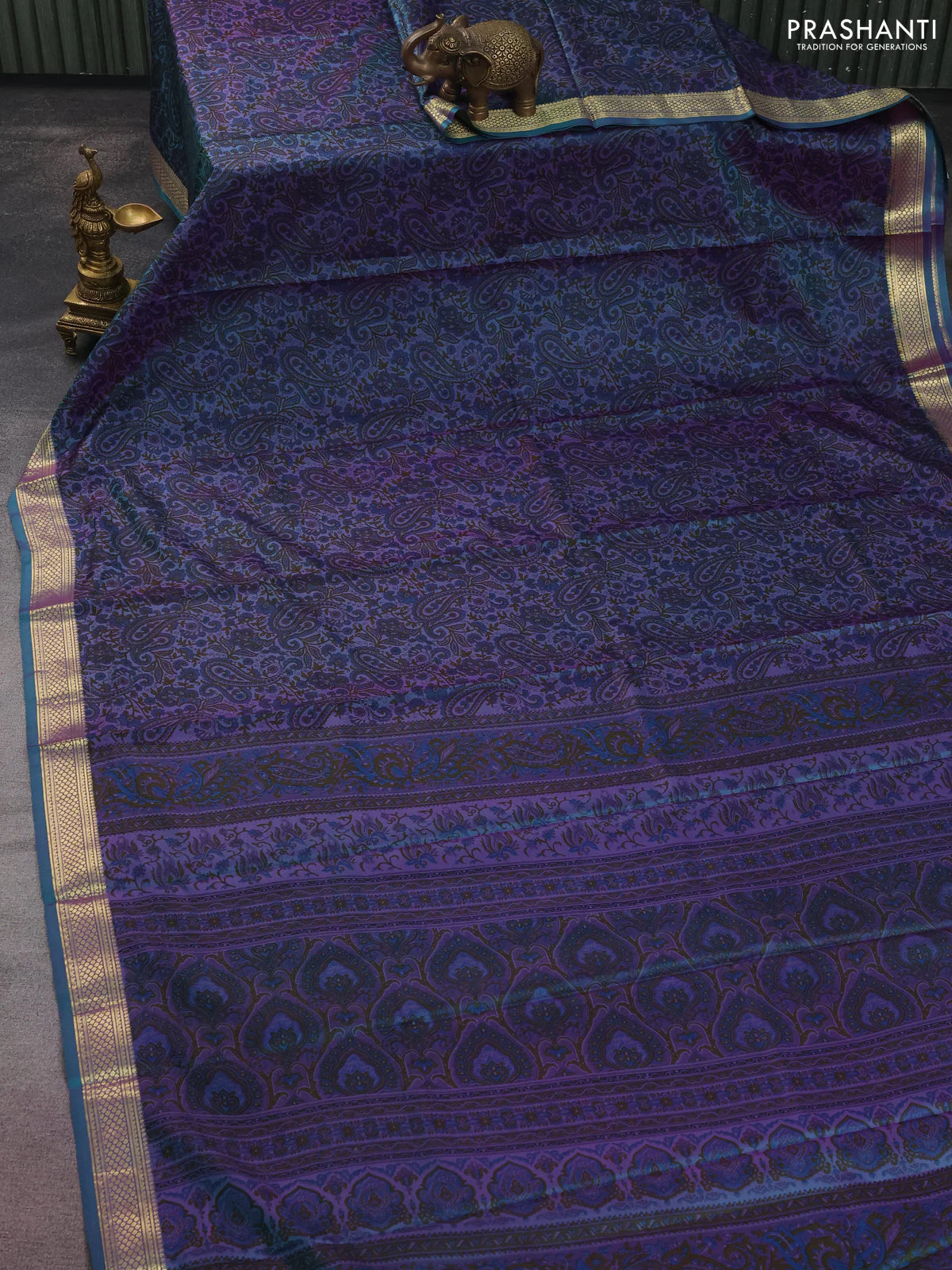 Printed silk saree dual shade of bluish purple with allover prints and zari woven border - Image 2
